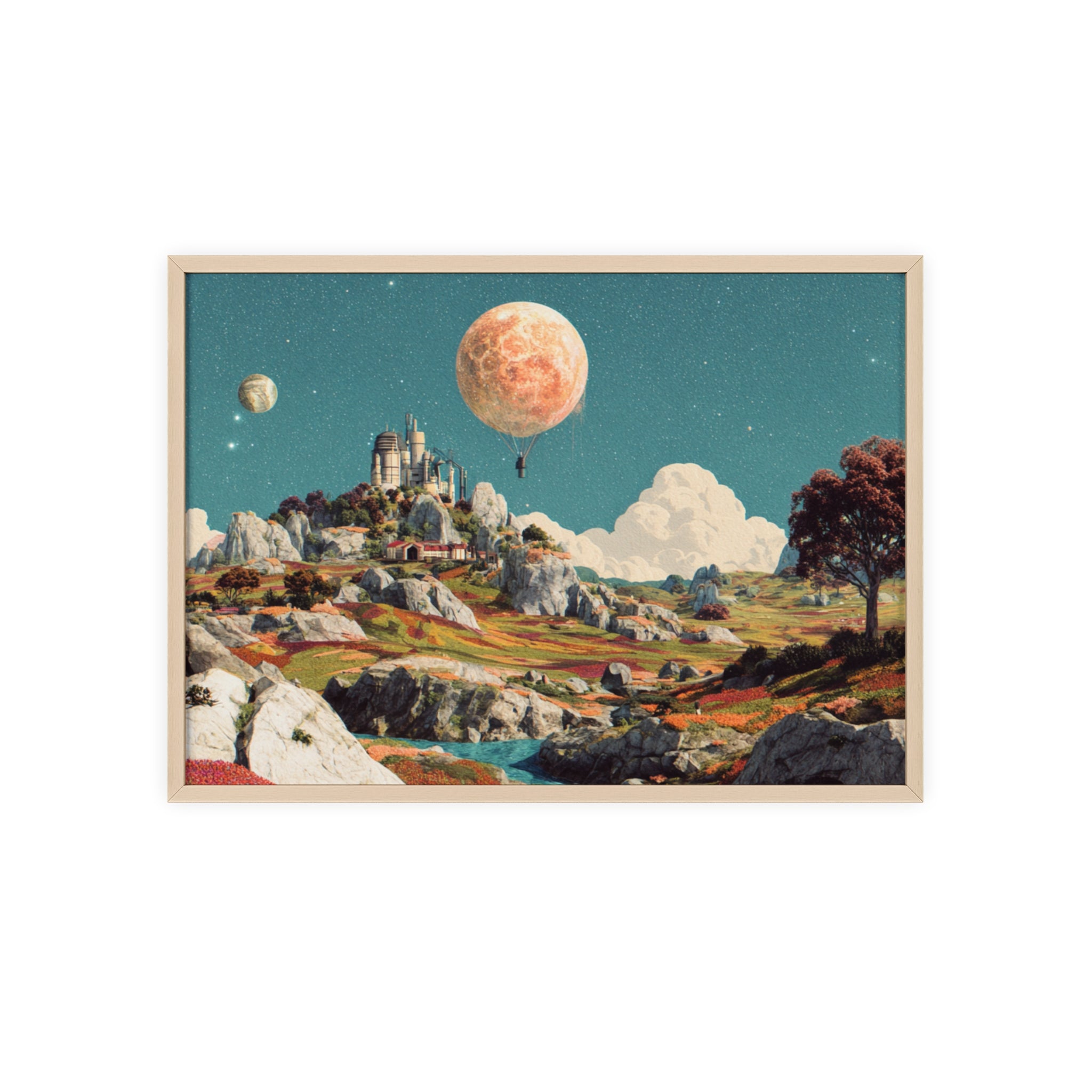 Futuristische Traumlandschaft  | Surreale Sci-Fi Wanddeko mit Mond-Ballon, Traumwelt & Naturfarben, Wandposter