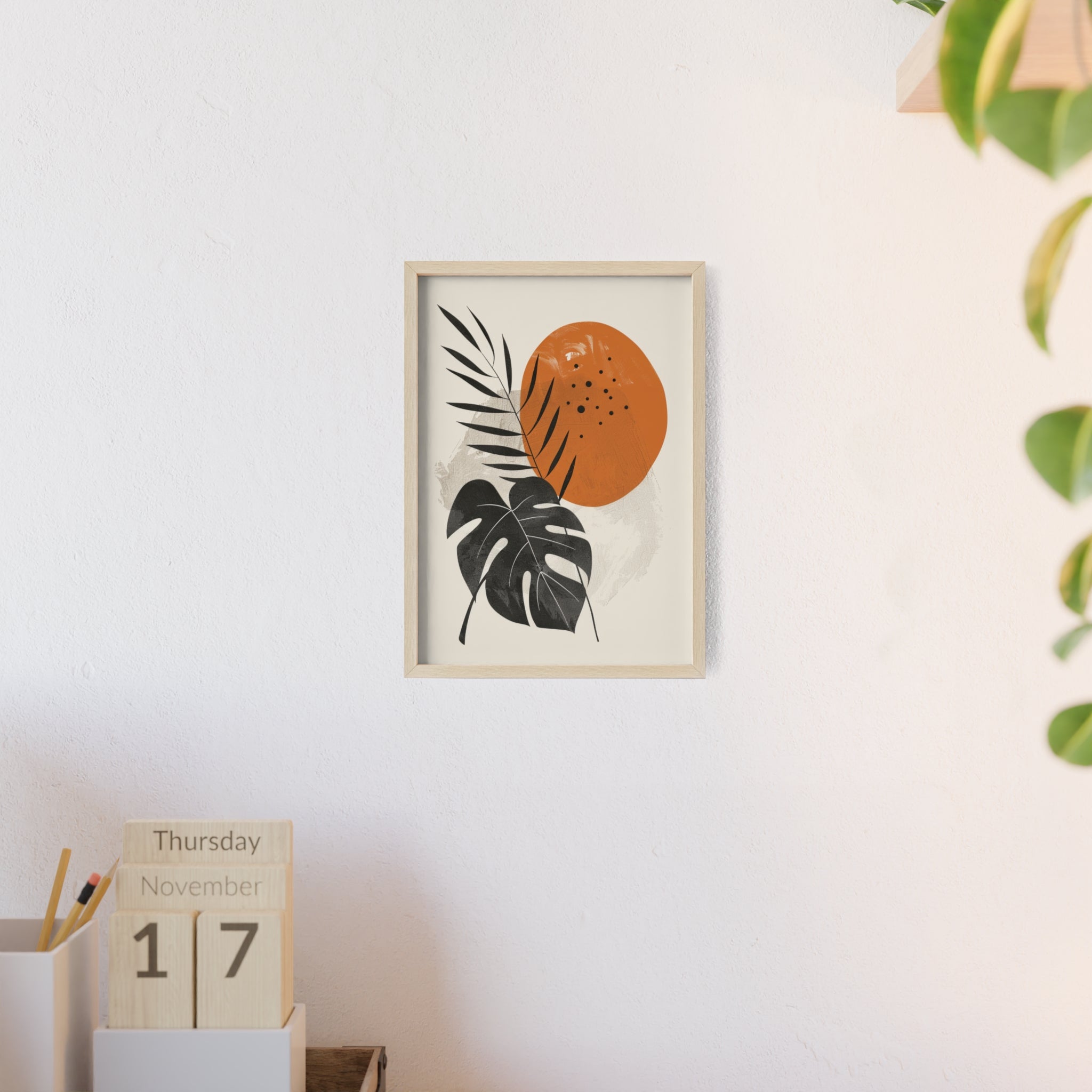 Modern Botanical Art Print with Wooden Frame, Tropical Wall Decor, Housewarming Gift, Minimalist Home Art, Nature-Inspired Design