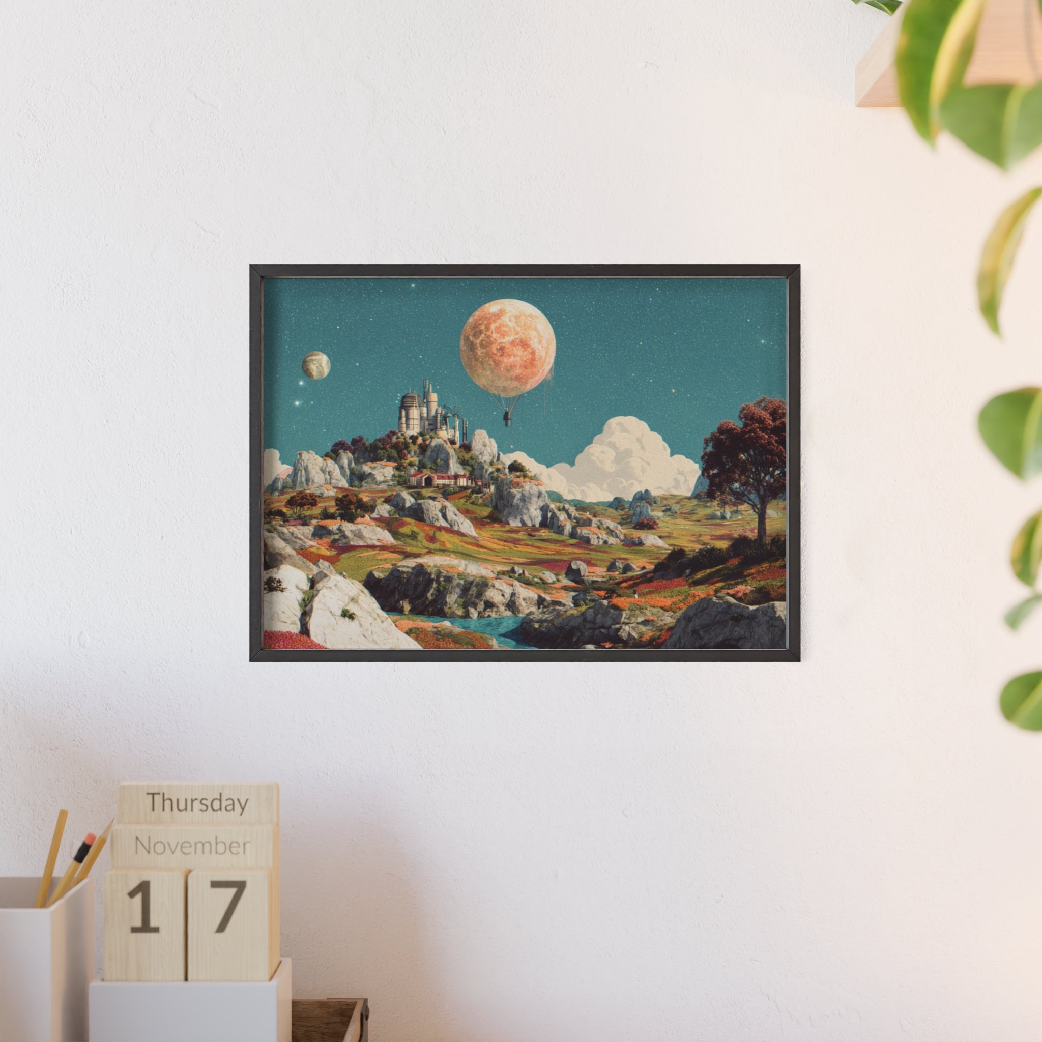 Futuristische Traumlandschaft  | Surreale Sci-Fi Wanddeko mit Mond-Ballon, Traumwelt & Naturfarben, Wandposter