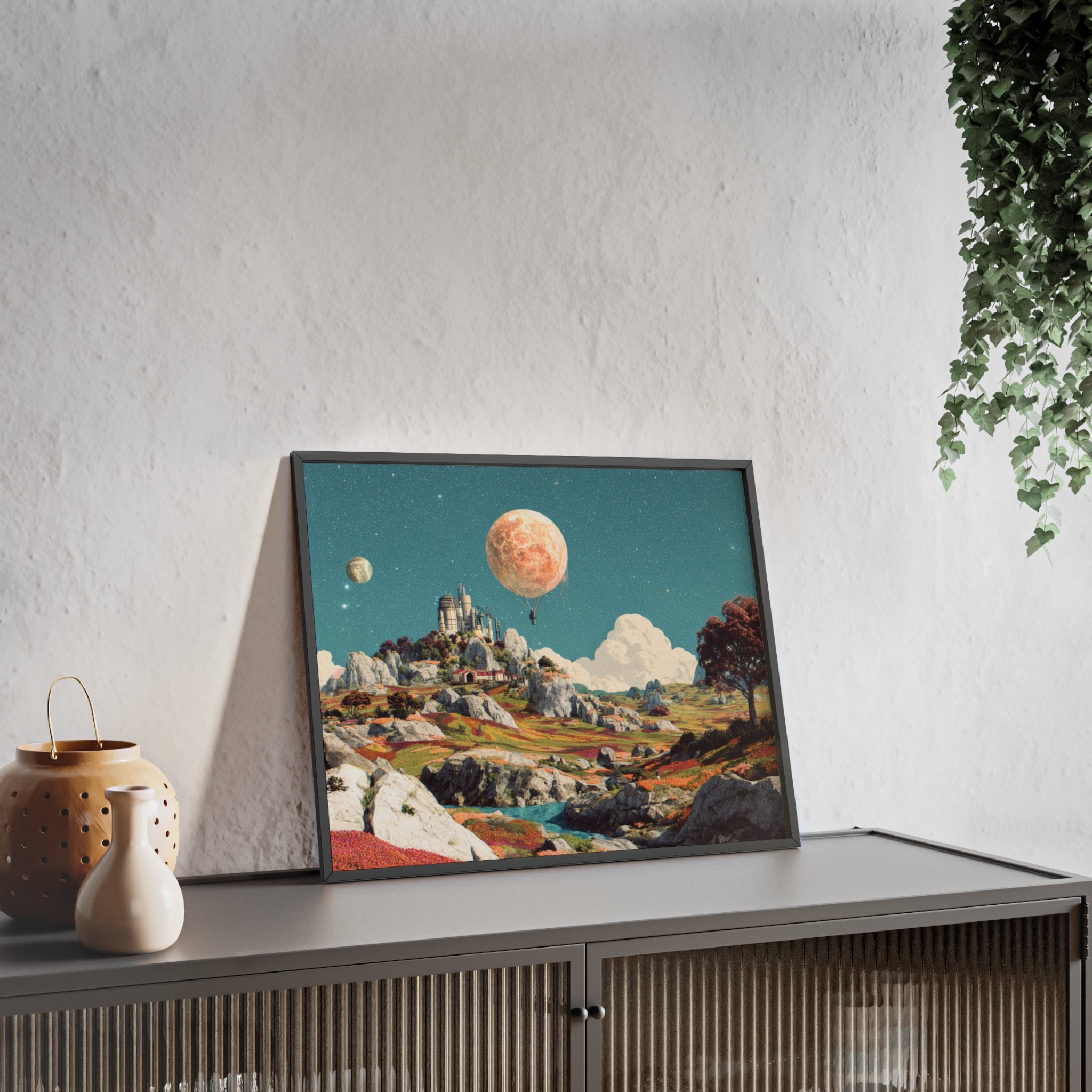 Futuristische Traumlandschaft  | Surreale Sci-Fi Wanddeko mit Mond-Ballon, Traumwelt & Naturfarben, Wandposter