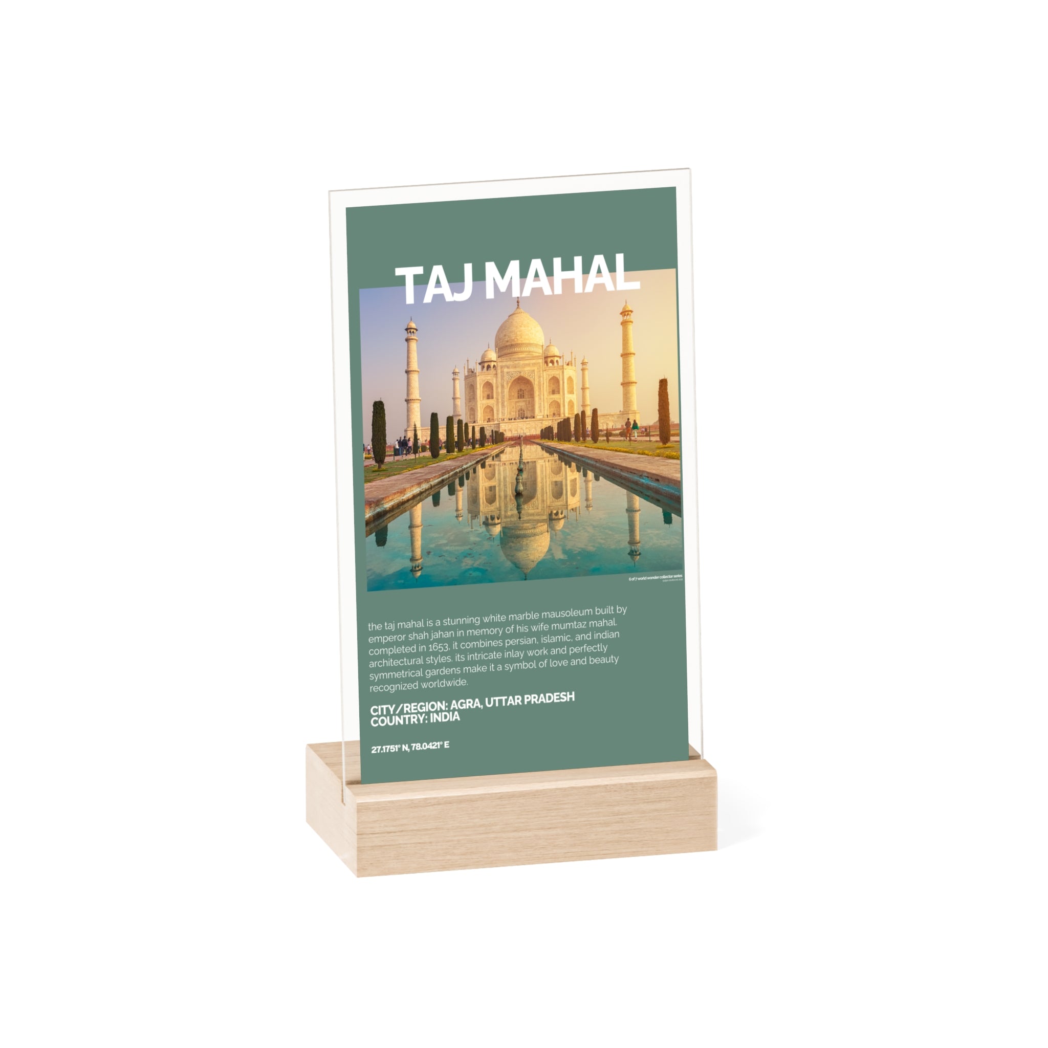 Taj Mahal Acrylschild mit Holzständer | Sammlerstück & Geschenk - World Wonder Collector Series