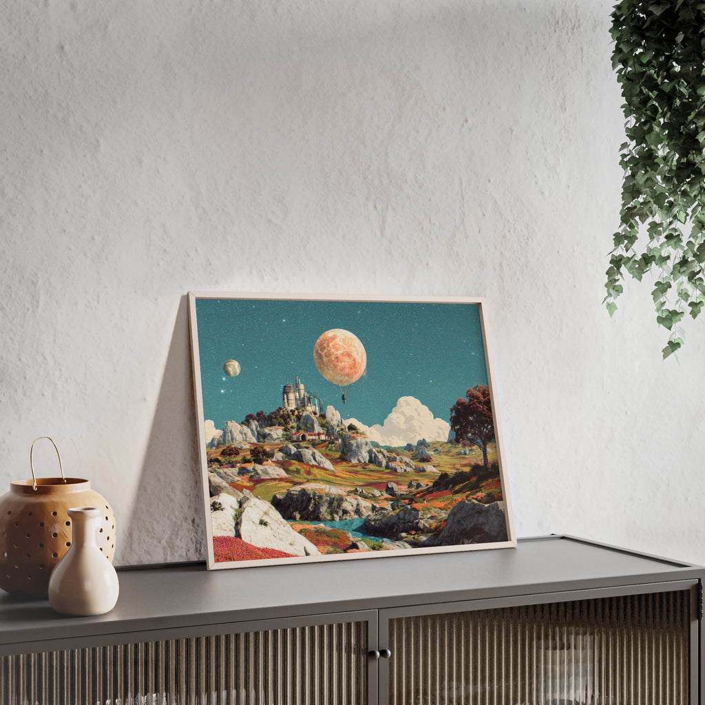 Futuristische Traumlandschaft  | Surreale Sci-Fi Wanddeko mit Mond-Ballon, Traumwelt & Naturfarben, Wandposter
