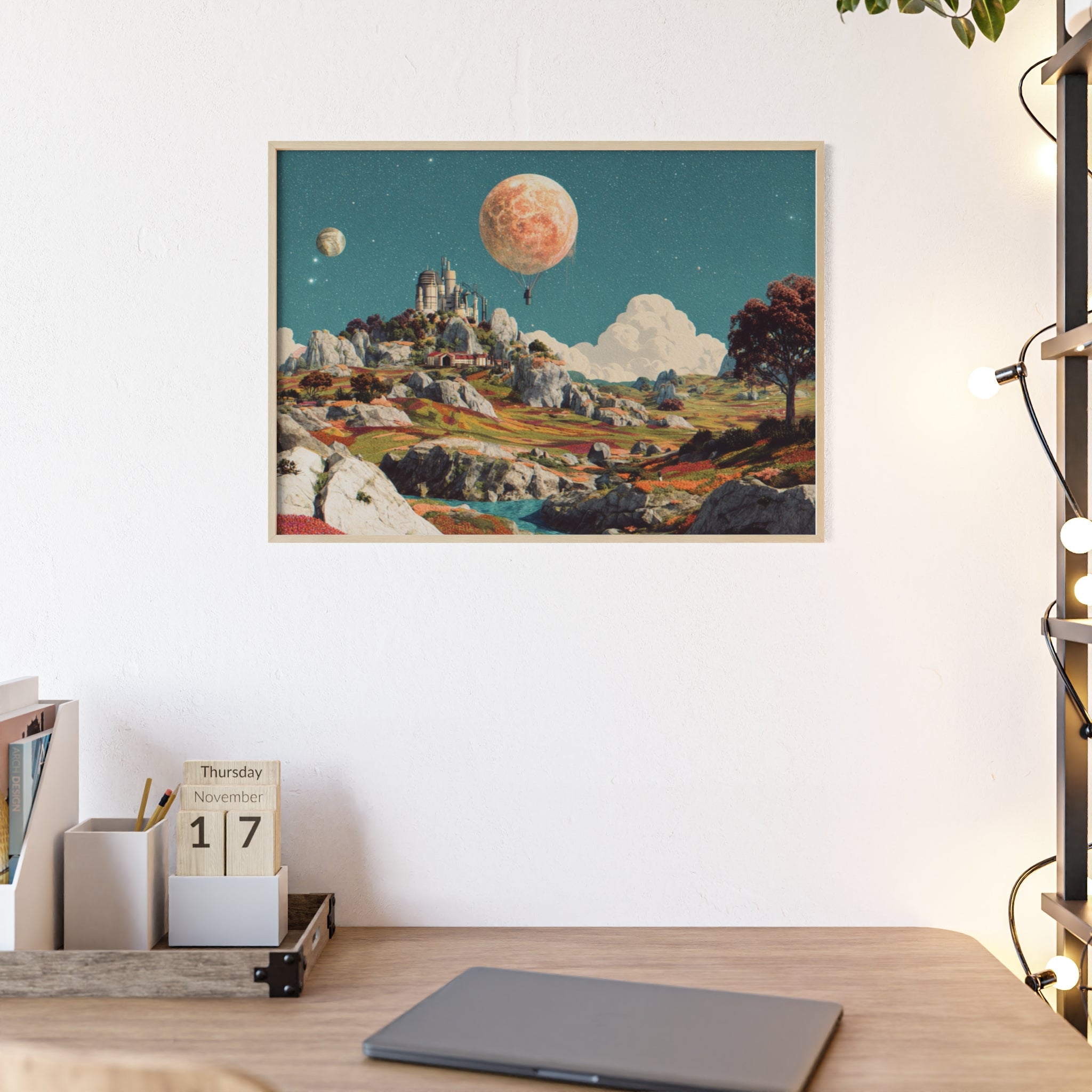 Futuristische Traumlandschaft  | Surreale Sci-Fi Wanddeko mit Mond-Ballon, Traumwelt & Naturfarben, Wandposter