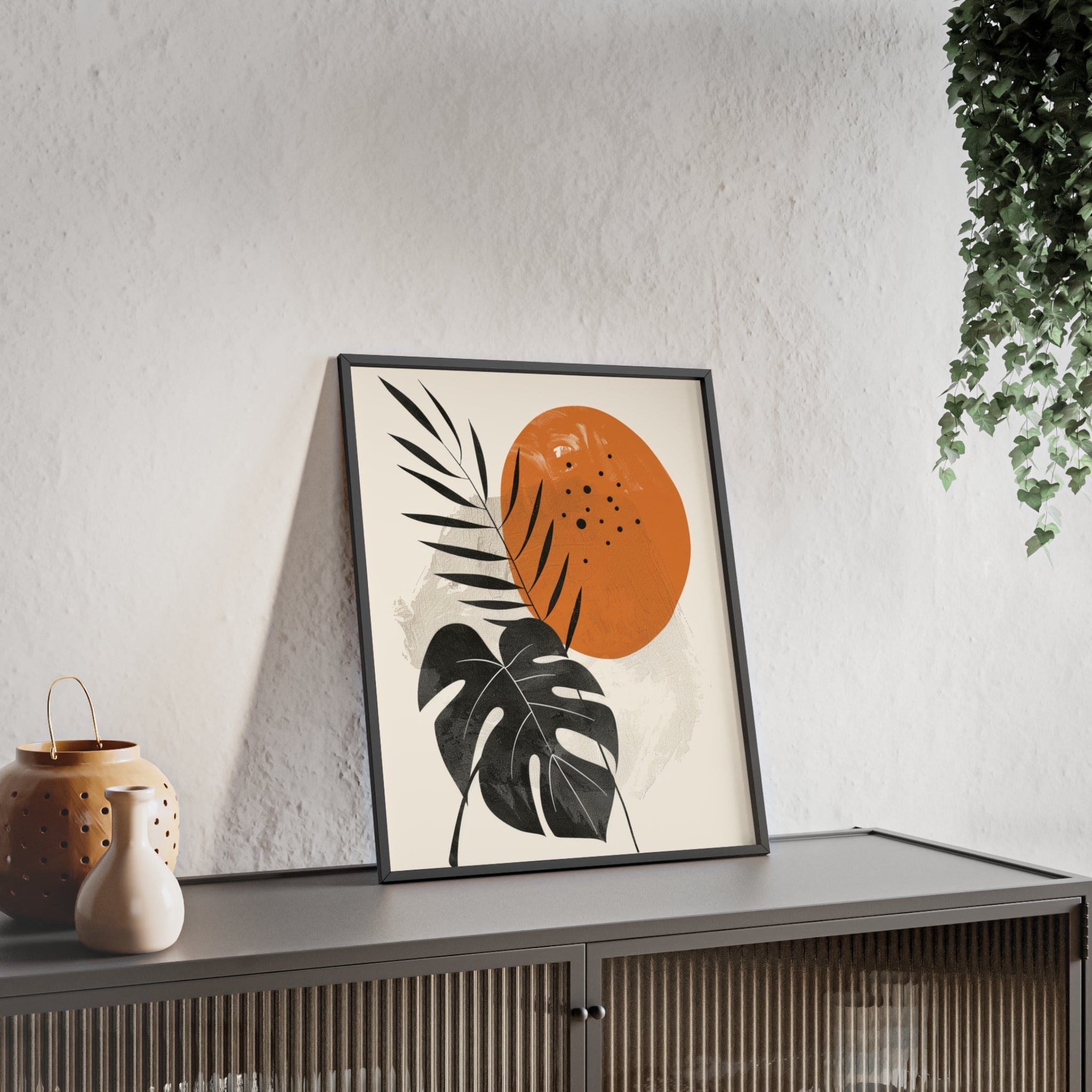 Modern Botanical Art Print with Wooden Frame, Tropical Wall Decor, Housewarming Gift, Minimalist Home Art, Nature-Inspired Design