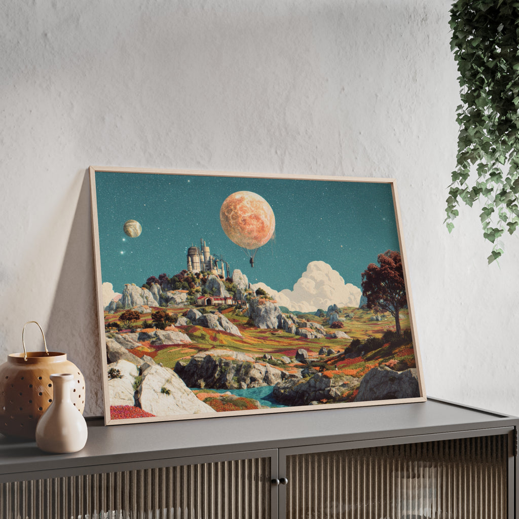 Futuristische Traumlandschaft  | Surreale Sci-Fi Wanddeko mit Mond-Ballon, Traumwelt & Naturfarben, Wandposter