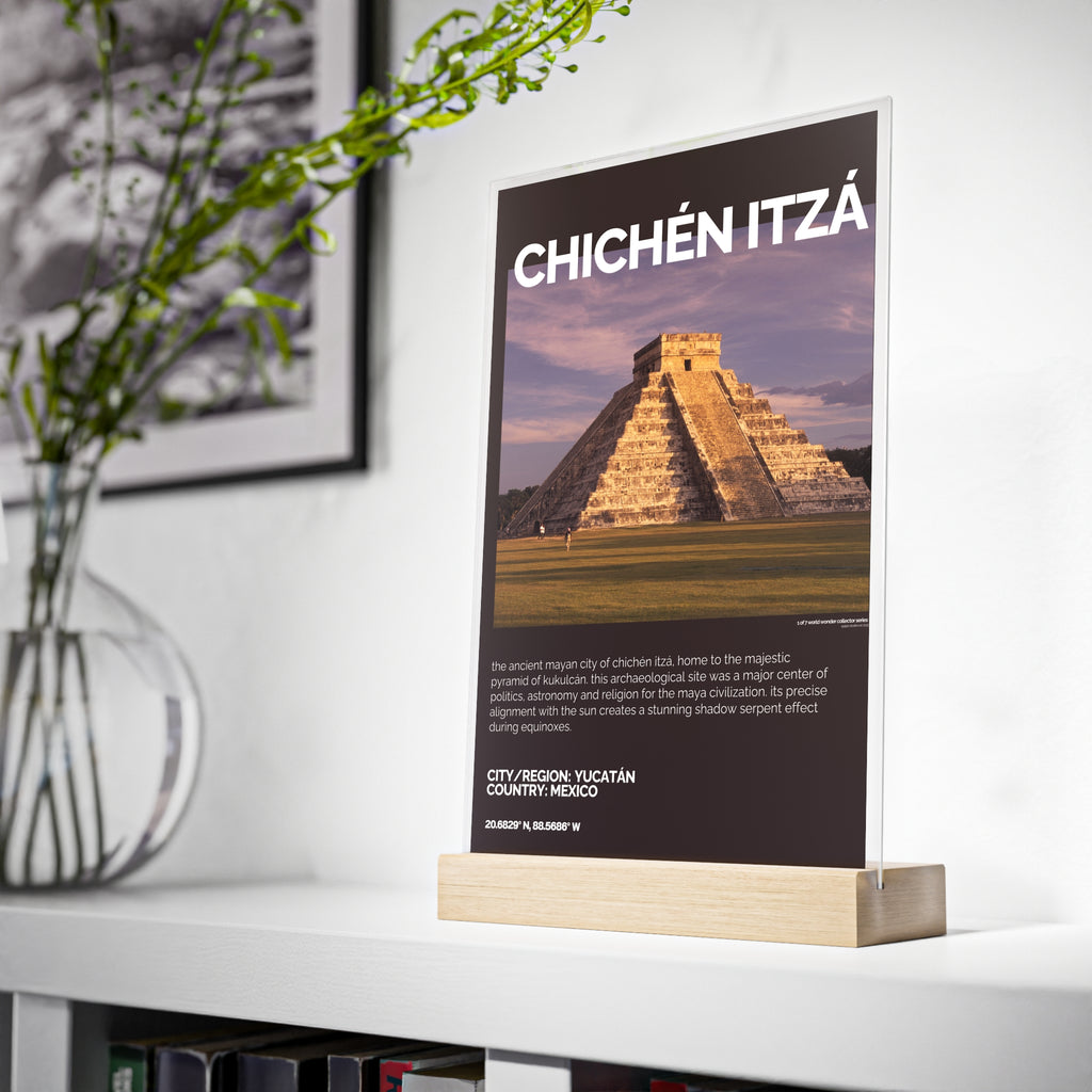 Chichén Itzá Acrylschild mit Holzständer | Sammlerstück & Geschenk - World Wonder Collector Series