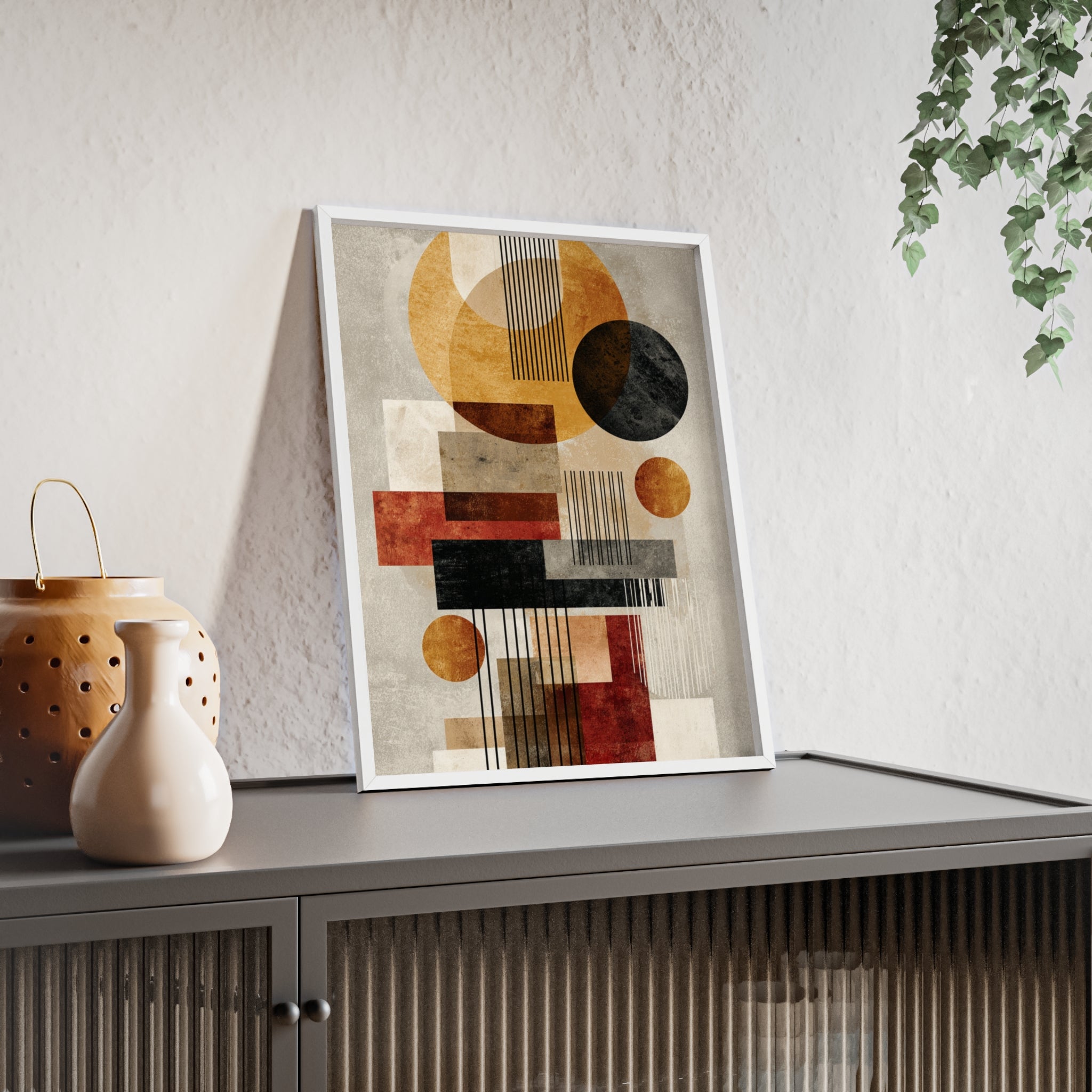Boho Poster im Holzrahmen | Moderne Boho Wandkunst, Geometrische Wohnraumdeko, Geschenk für Kunstliebhaber, Abstraktes Design