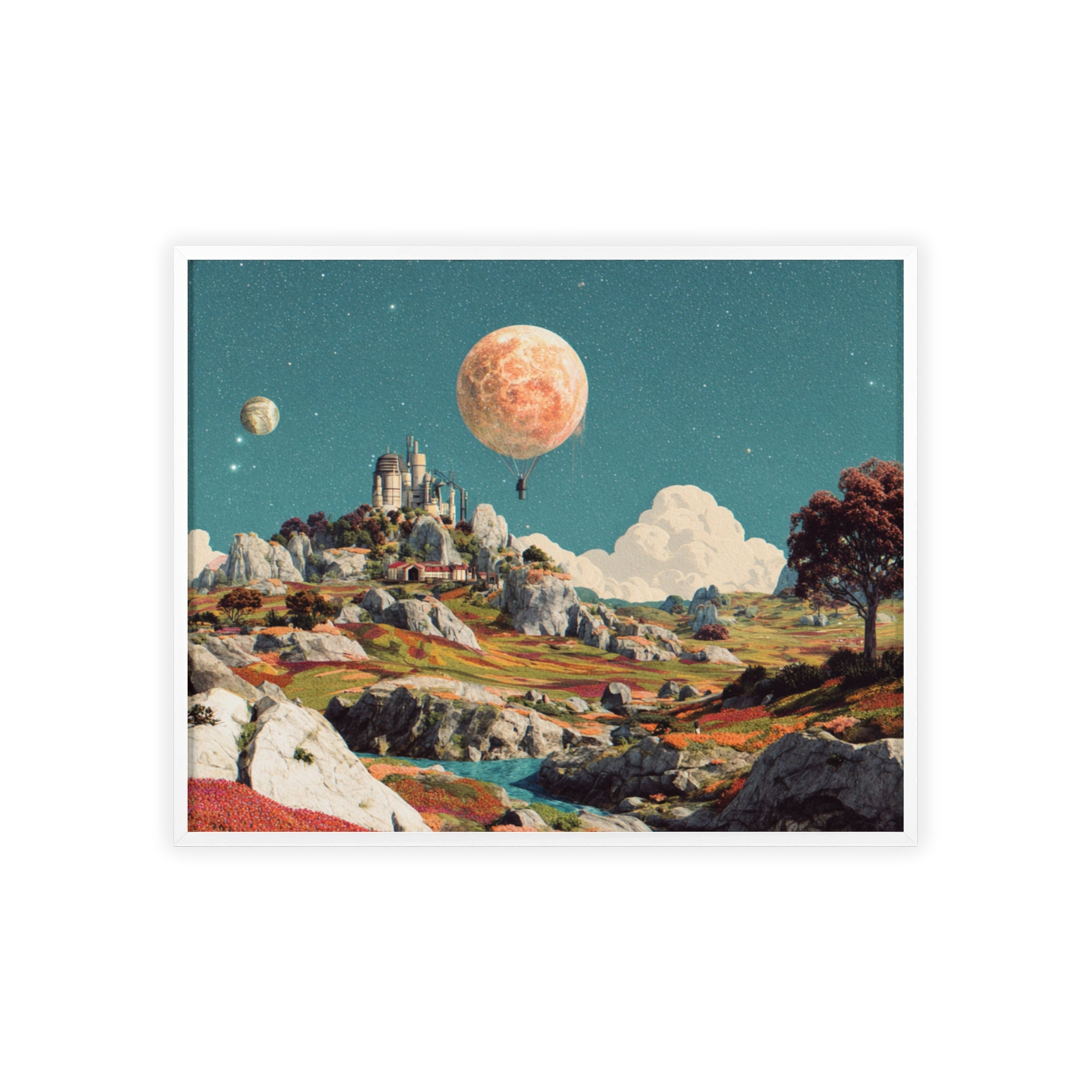 Futuristische Traumlandschaft  | Surreale Sci-Fi Wanddeko mit Mond-Ballon, Traumwelt & Naturfarben, Wandposter