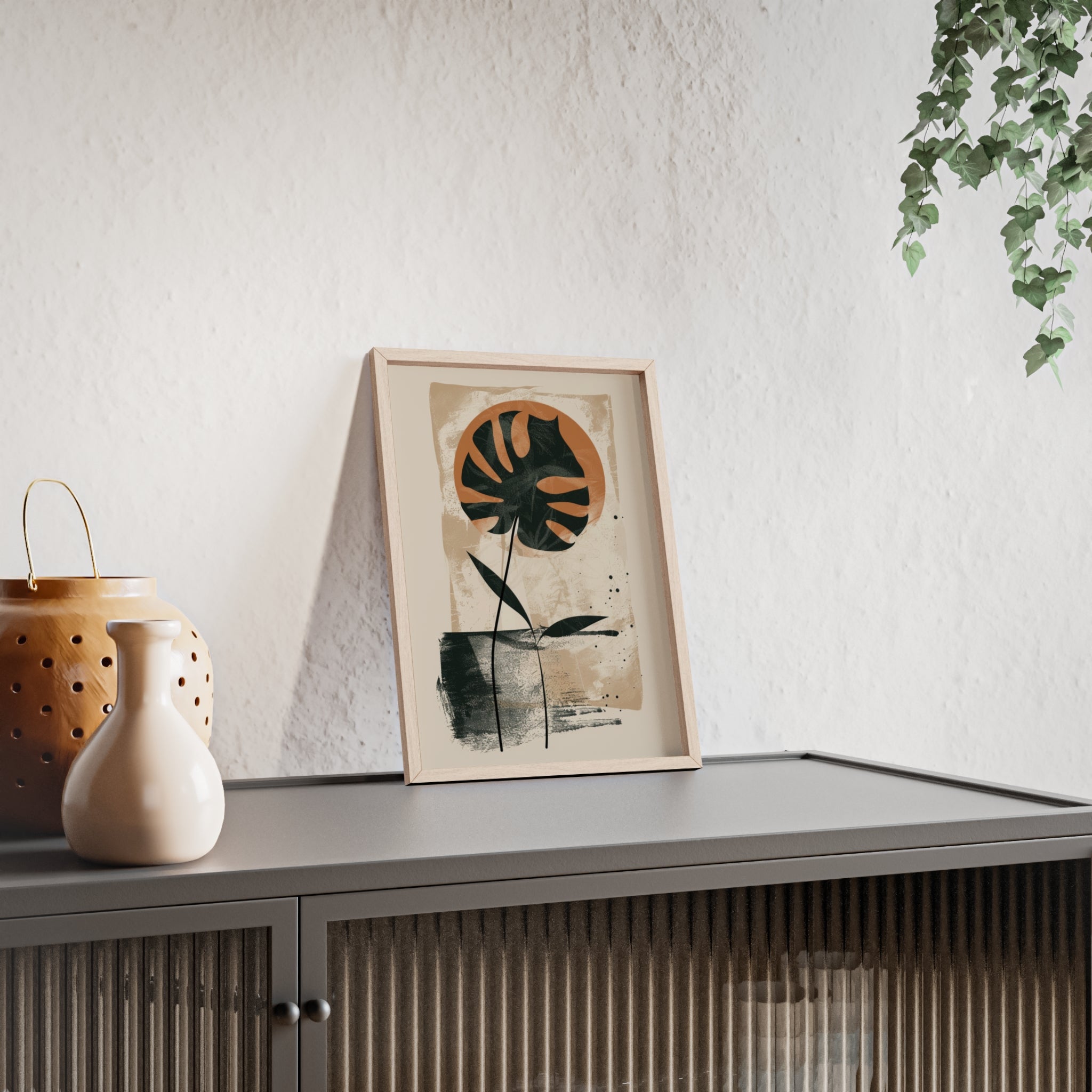 Modern Botanical Art Poster with Wooden Frame, Wall Decor, Minimalist Home Accent, Gift for Plant Lovers, Living Room Decor