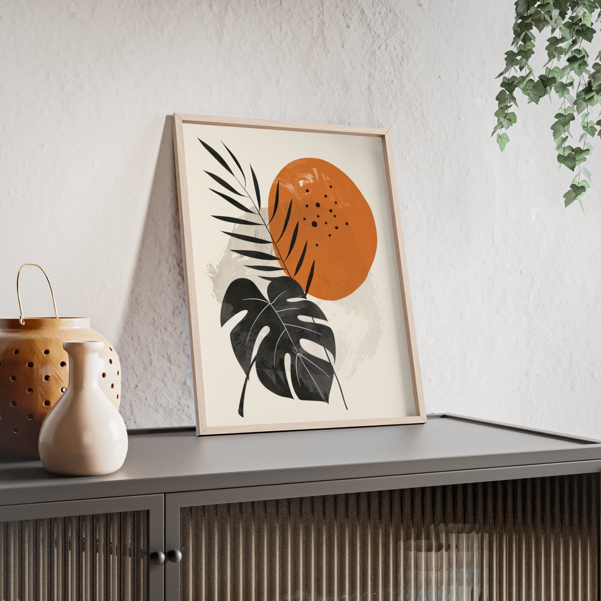 Modern Botanical Art Print with Wooden Frame, Tropical Wall Decor, Housewarming Gift, Minimalist Home Art, Nature-Inspired Design