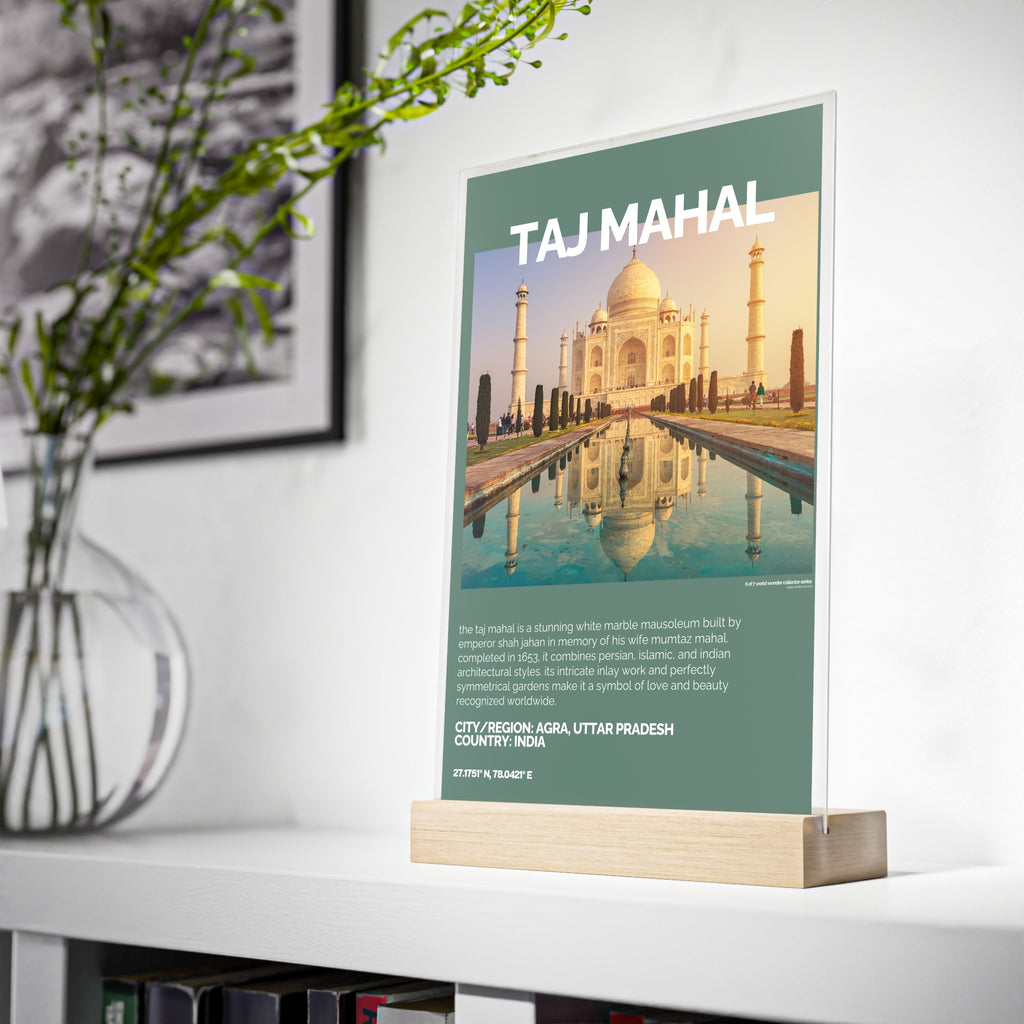 Taj Mahal Acrylschild mit Holzständer | Sammlerstück & Geschenk - World Wonder Collector Series