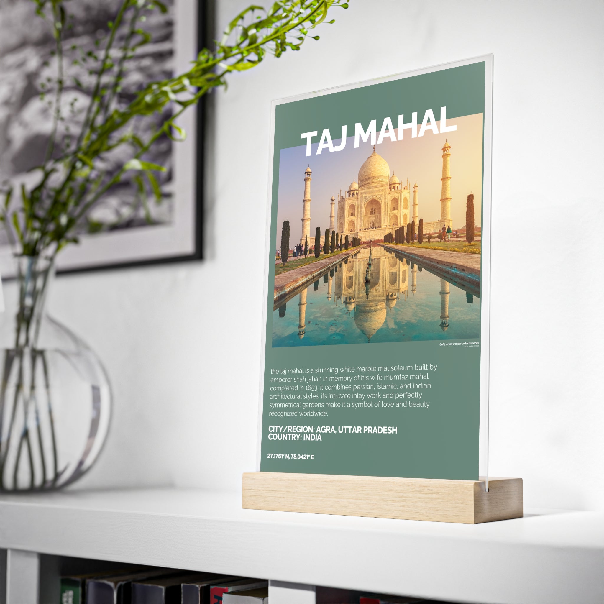 Taj Mahal Acrylschild mit Holzständer | Sammlerstück & Geschenk - World Wonder Collector Series