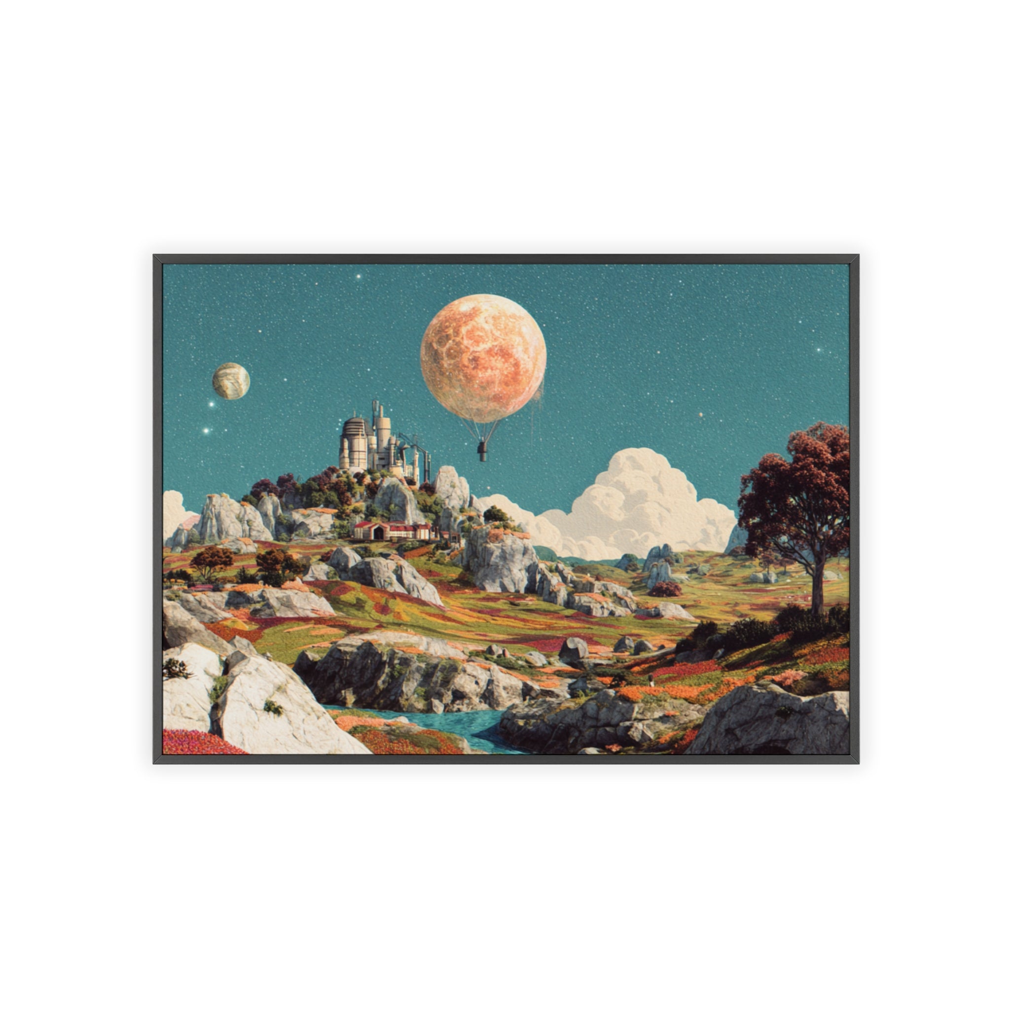 Futuristische Traumlandschaft  | Surreale Sci-Fi Wanddeko mit Mond-Ballon, Traumwelt & Naturfarben, Wandposter