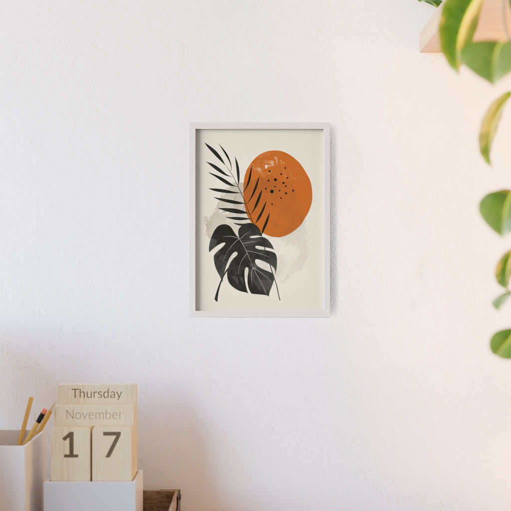 Modern Botanical Art Print with Wooden Frame, Tropical Wall Decor, Housewarming Gift, Minimalist Home Art, Nature-Inspired Design