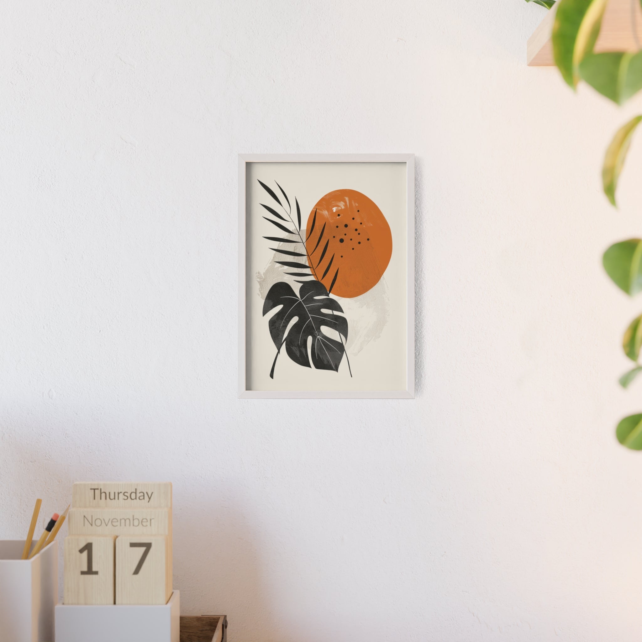 Modern Botanical Art Print with Wooden Frame, Tropical Wall Decor, Housewarming Gift, Minimalist Home Art, Nature-Inspired Design