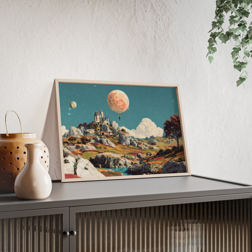 Futuristische Traumlandschaft  | Surreale Sci-Fi Wanddeko mit Mond-Ballon, Traumwelt & Naturfarben, Wandposter