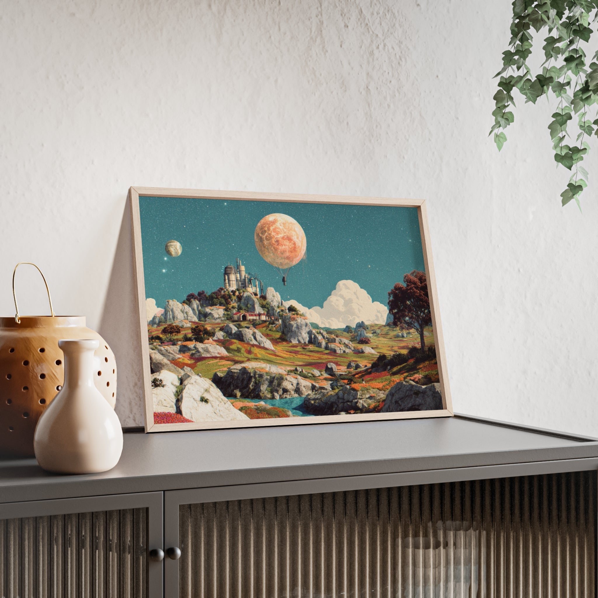 Futuristische Traumlandschaft  | Surreale Sci-Fi Wanddeko mit Mond-Ballon, Traumwelt & Naturfarben, Wandposter