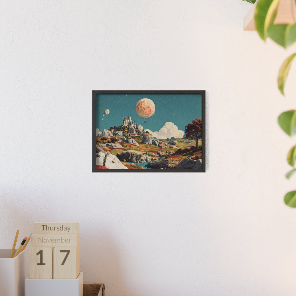 Futuristische Traumlandschaft  | Surreale Sci-Fi Wanddeko mit Mond-Ballon, Traumwelt & Naturfarben, Wandposter