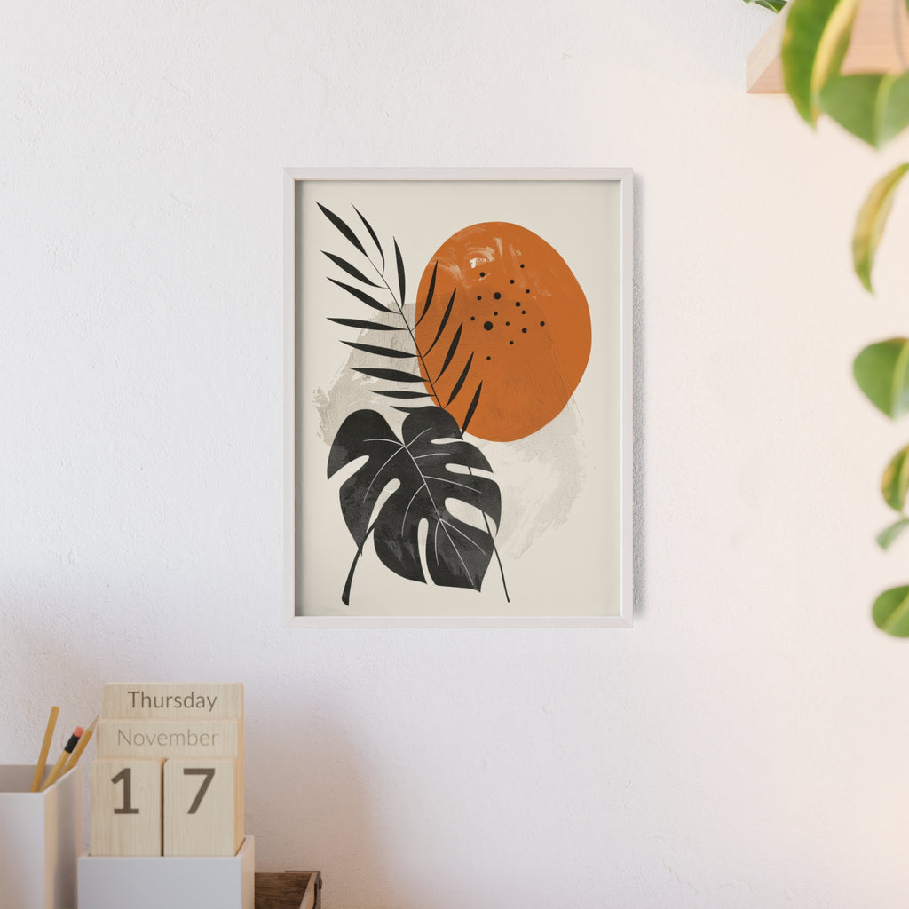 Modern Botanical Art Print with Wooden Frame, Tropical Wall Decor, Housewarming Gift, Minimalist Home Art, Nature-Inspired Design