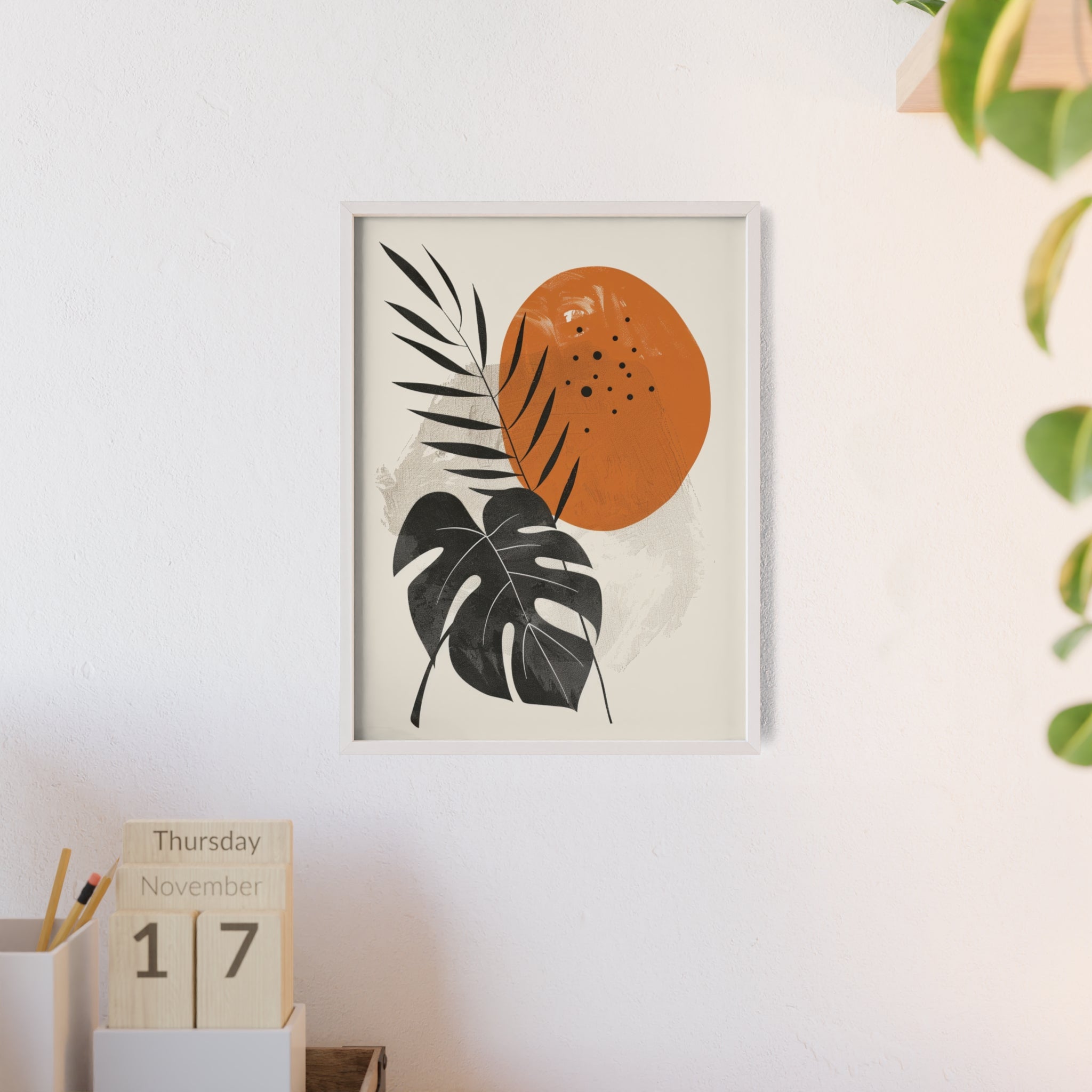 Modern Botanical Art Print with Wooden Frame, Tropical Wall Decor, Housewarming Gift, Minimalist Home Art, Nature-Inspired Design