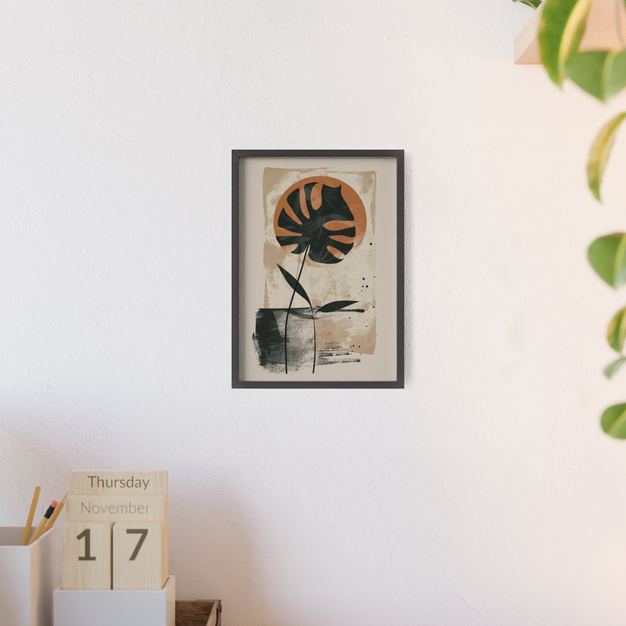 Modern Botanical Art Poster with Wooden Frame, Wall Decor, Minimalist Home Accent, Gift for Plant Lovers, Living Room Decor