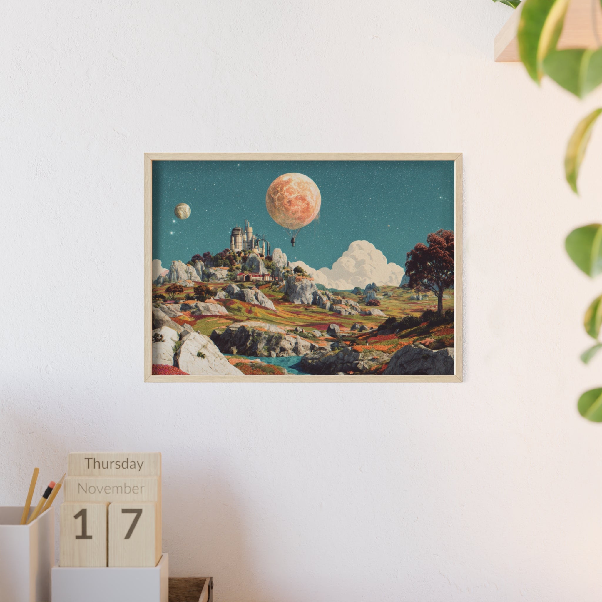 Futuristische Traumlandschaft  | Surreale Sci-Fi Wanddeko mit Mond-Ballon, Traumwelt & Naturfarben, Wandposter