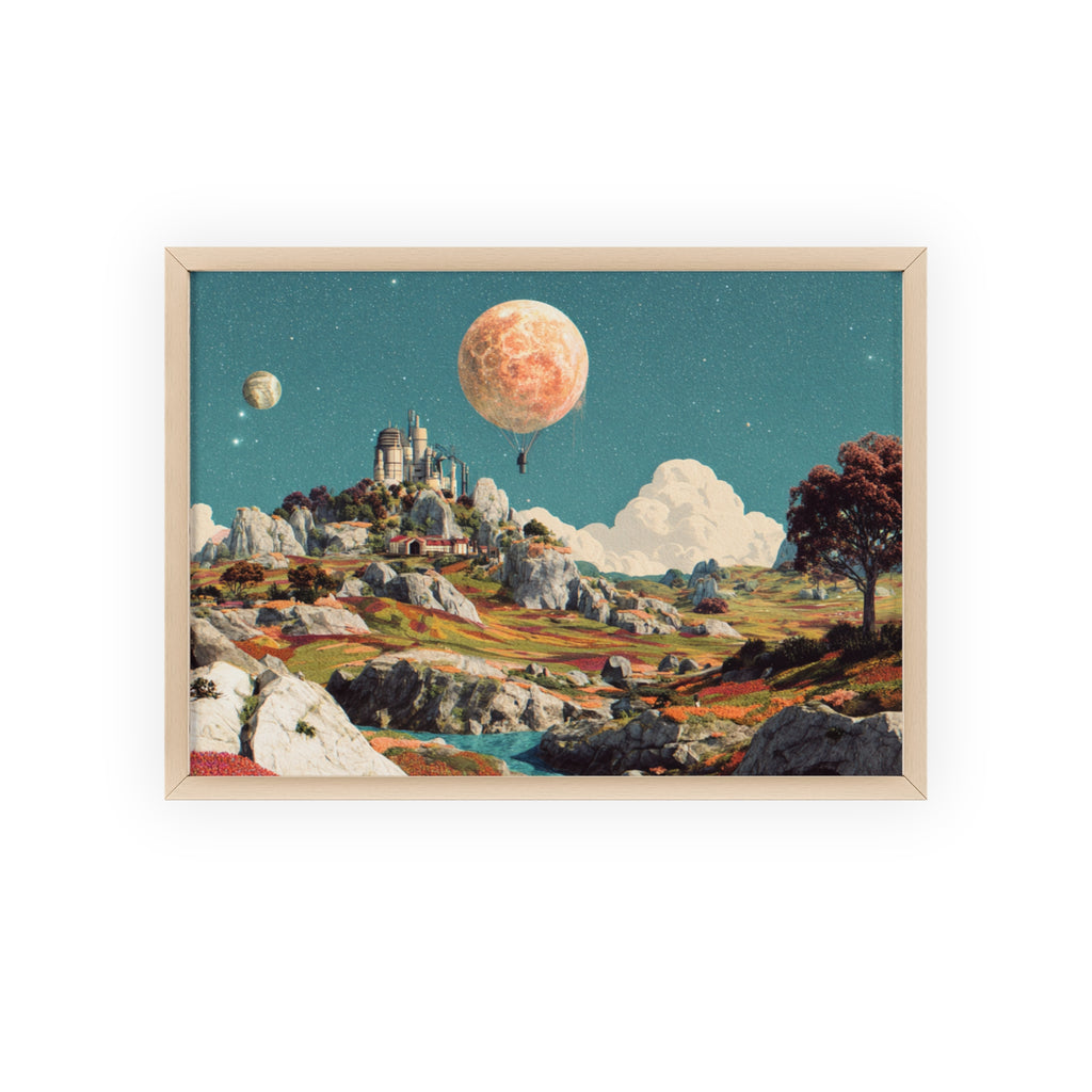 Futuristische Traumlandschaft  | Surreale Sci-Fi Wanddeko mit Mond-Ballon, Traumwelt & Naturfarben, Wandposter