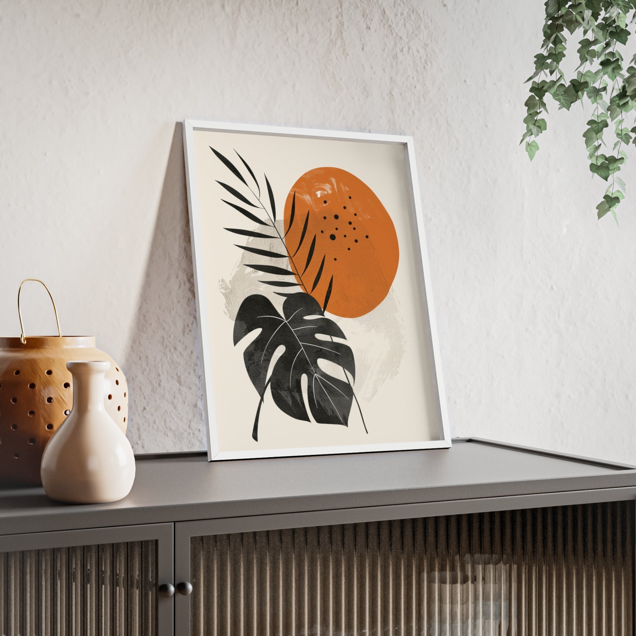 Modern Botanical Art Print with Wooden Frame, Tropical Wall Decor, Housewarming Gift, Minimalist Home Art, Nature-Inspired Design