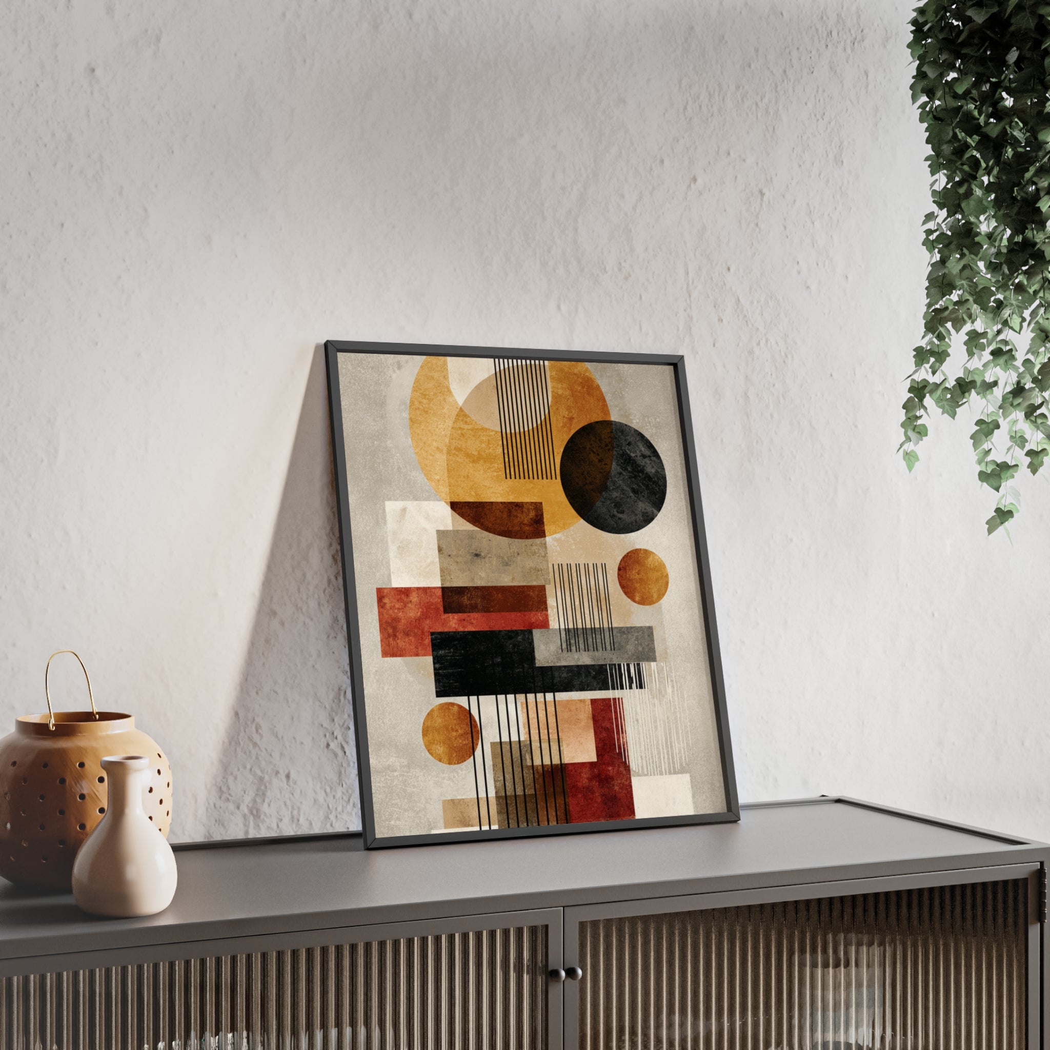 Boho Poster im Holzrahmen | Moderne Boho Wandkunst, Geometrische Wohnraumdeko, Geschenk für Kunstliebhaber, Abstraktes Design