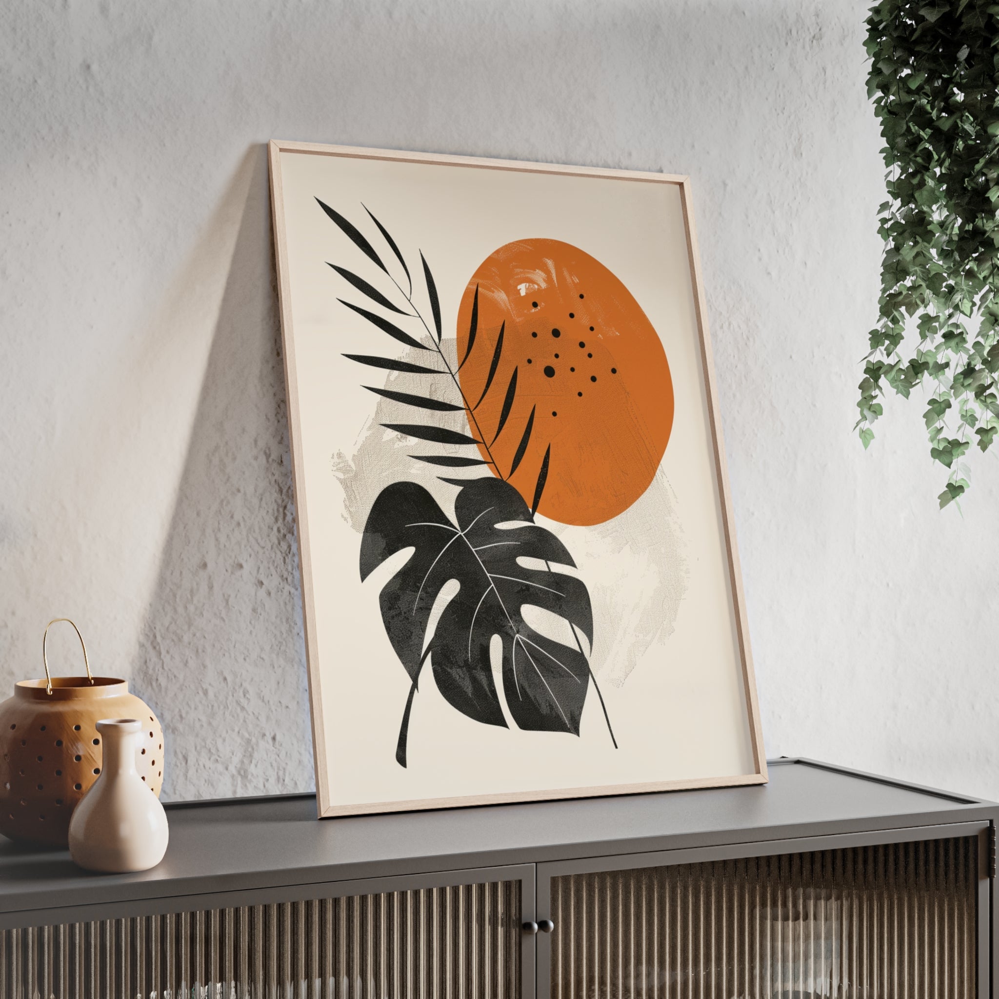 Modern Botanical Art Print with Wooden Frame, Tropical Wall Decor, Housewarming Gift, Minimalist Home Art, Nature-Inspired Design