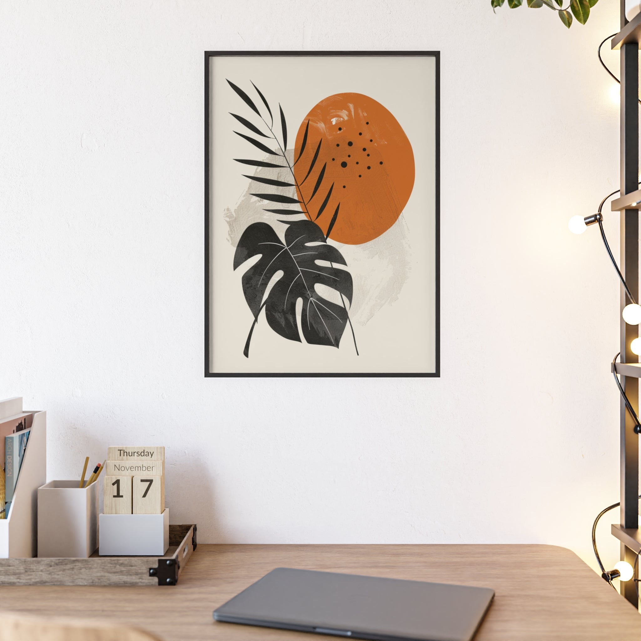 Modern Botanical Art Print with Wooden Frame, Tropical Wall Decor, Housewarming Gift, Minimalist Home Art, Nature-Inspired Design