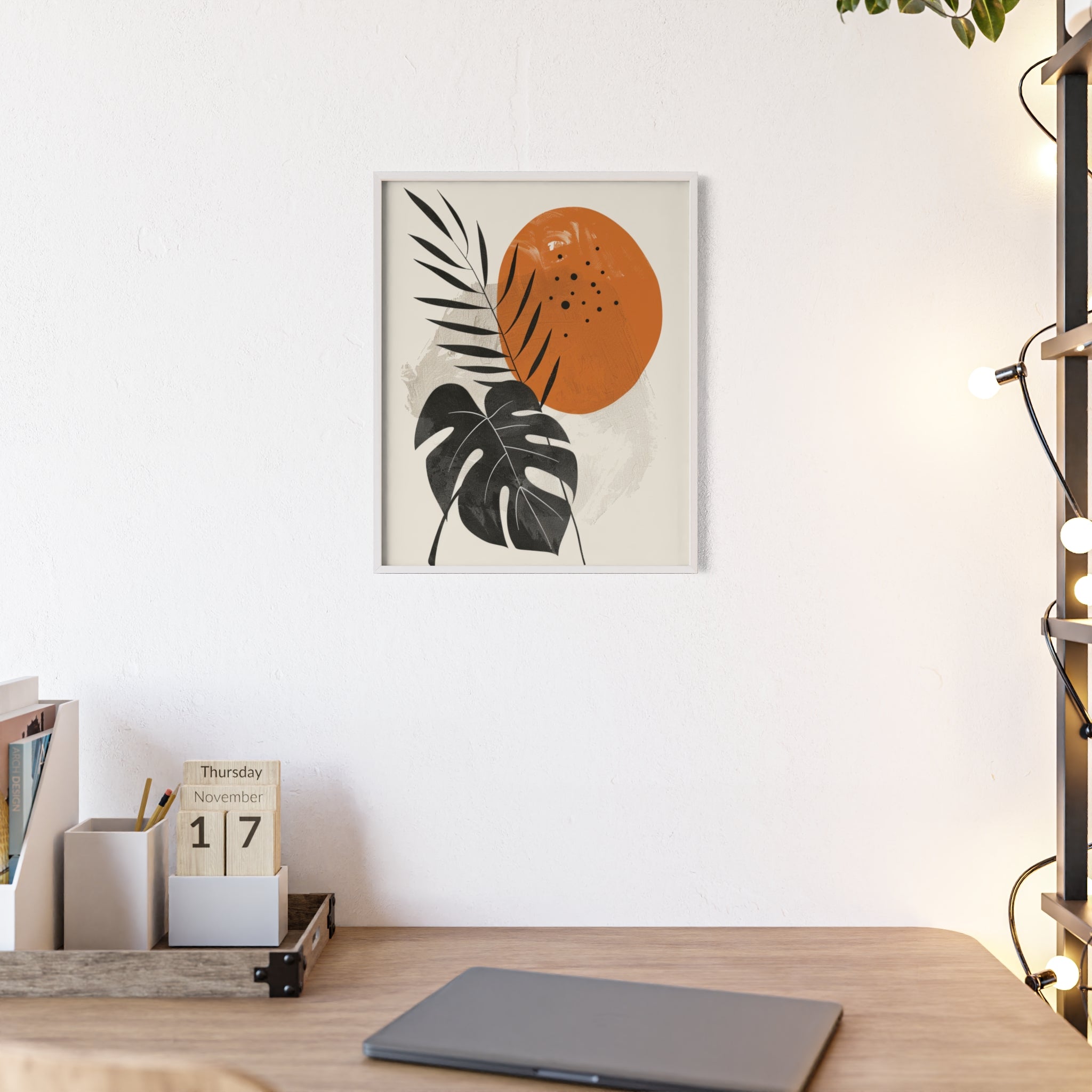 Modern Botanical Art Print with Wooden Frame, Tropical Wall Decor, Housewarming Gift, Minimalist Home Art, Nature-Inspired Design