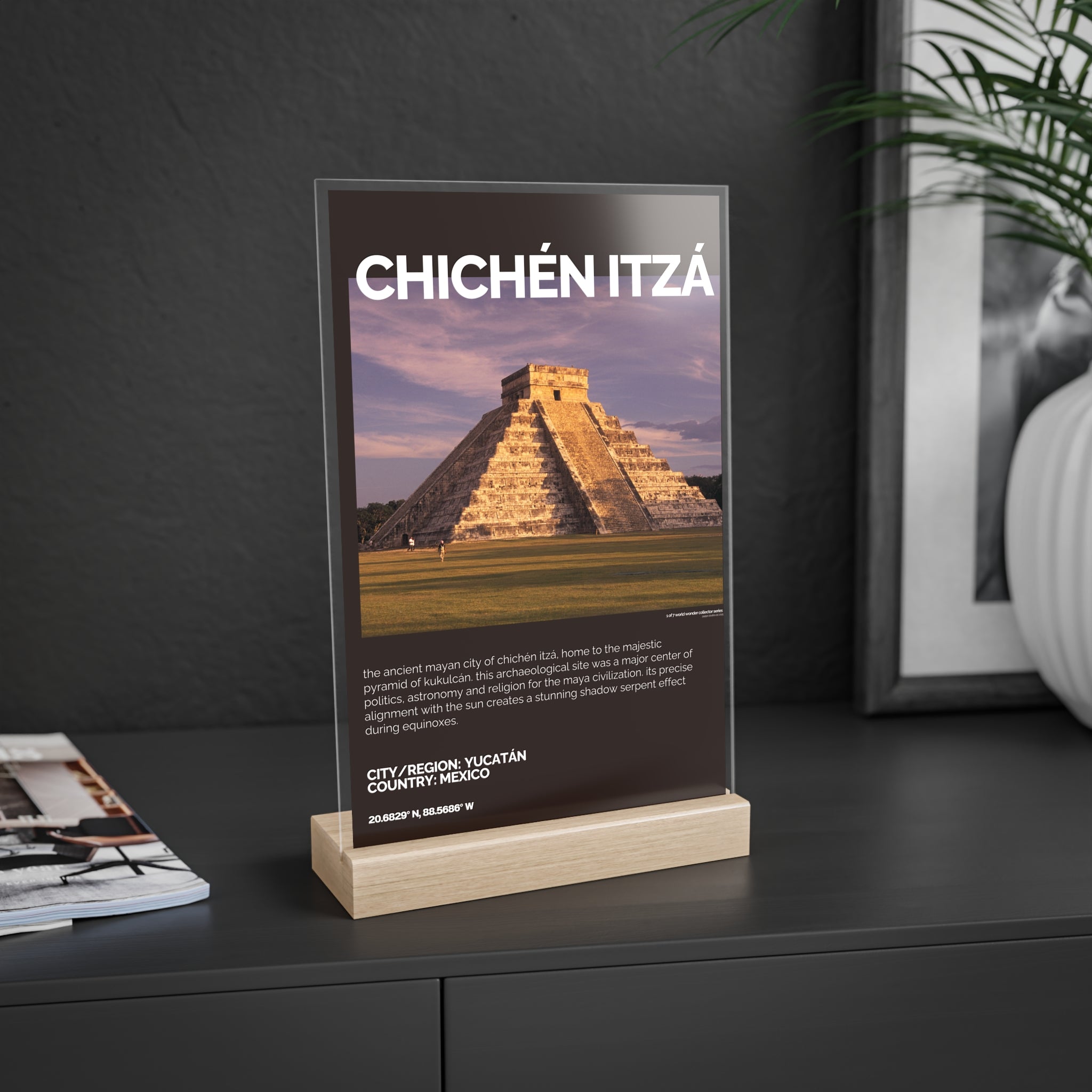 Chichén Itzá Acrylschild mit Holzständer | Sammlerstück & Geschenk - World Wonder Collector Series