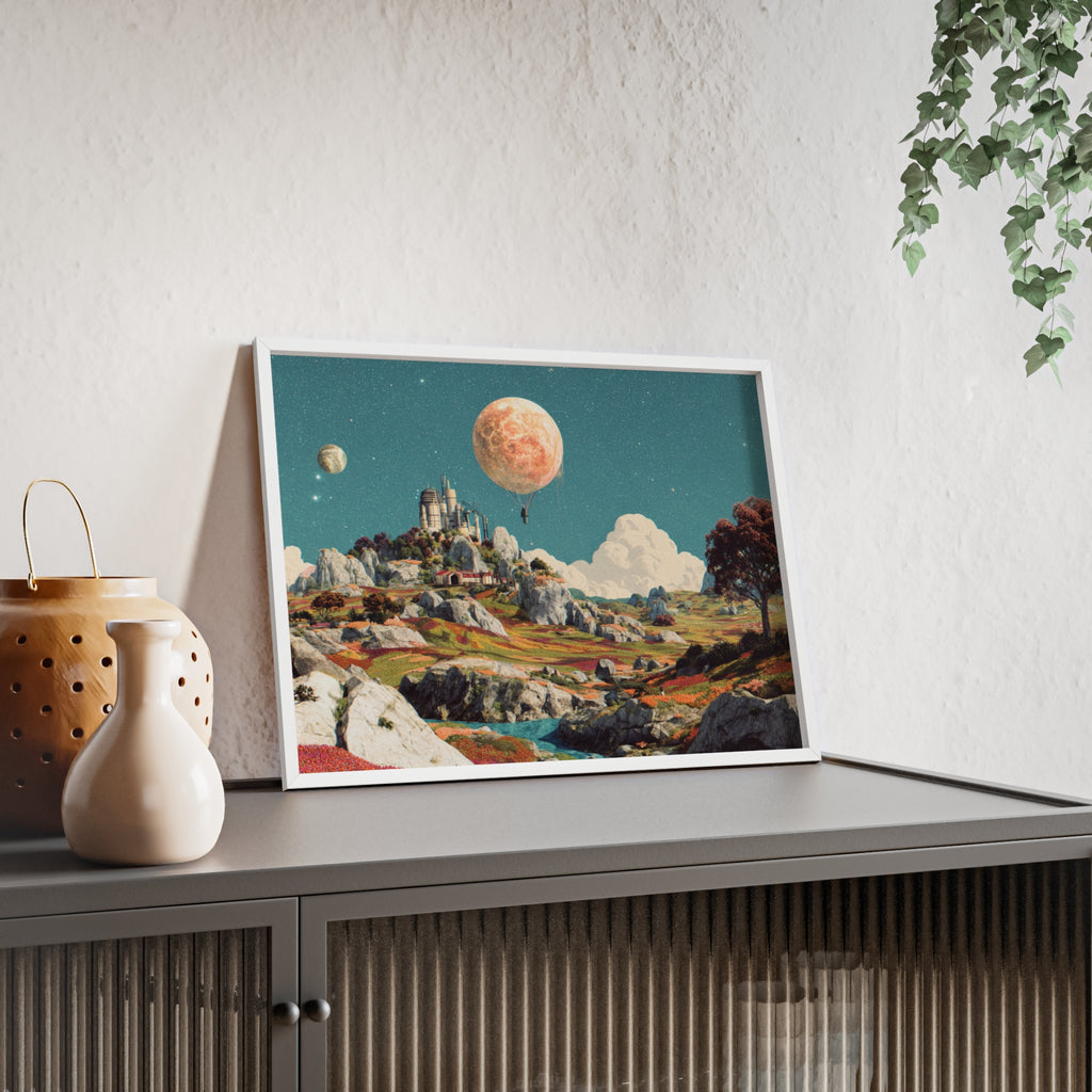 Futuristische Traumlandschaft  | Surreale Sci-Fi Wanddeko mit Mond-Ballon, Traumwelt & Naturfarben, Wandposter
