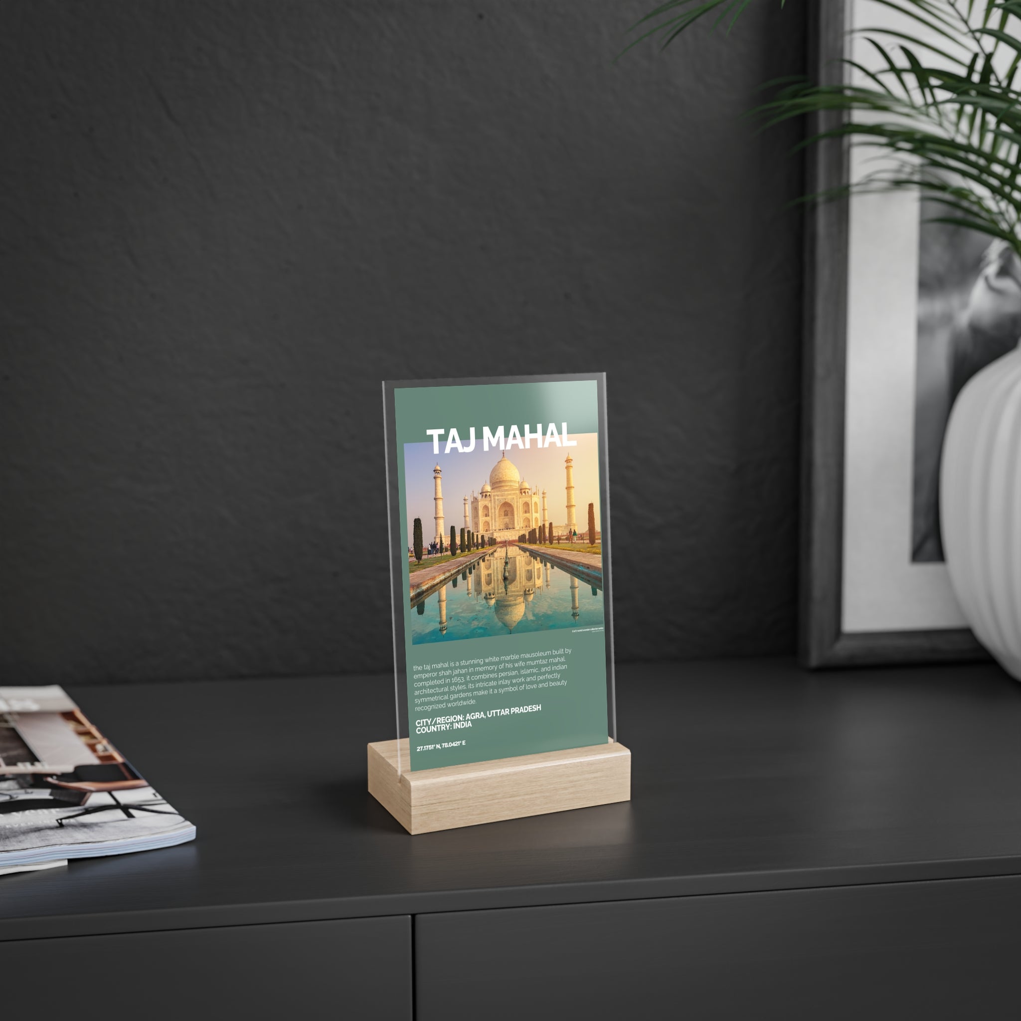 Taj Mahal Acrylschild mit Holzständer | Sammlerstück & Geschenk - World Wonder Collector Series