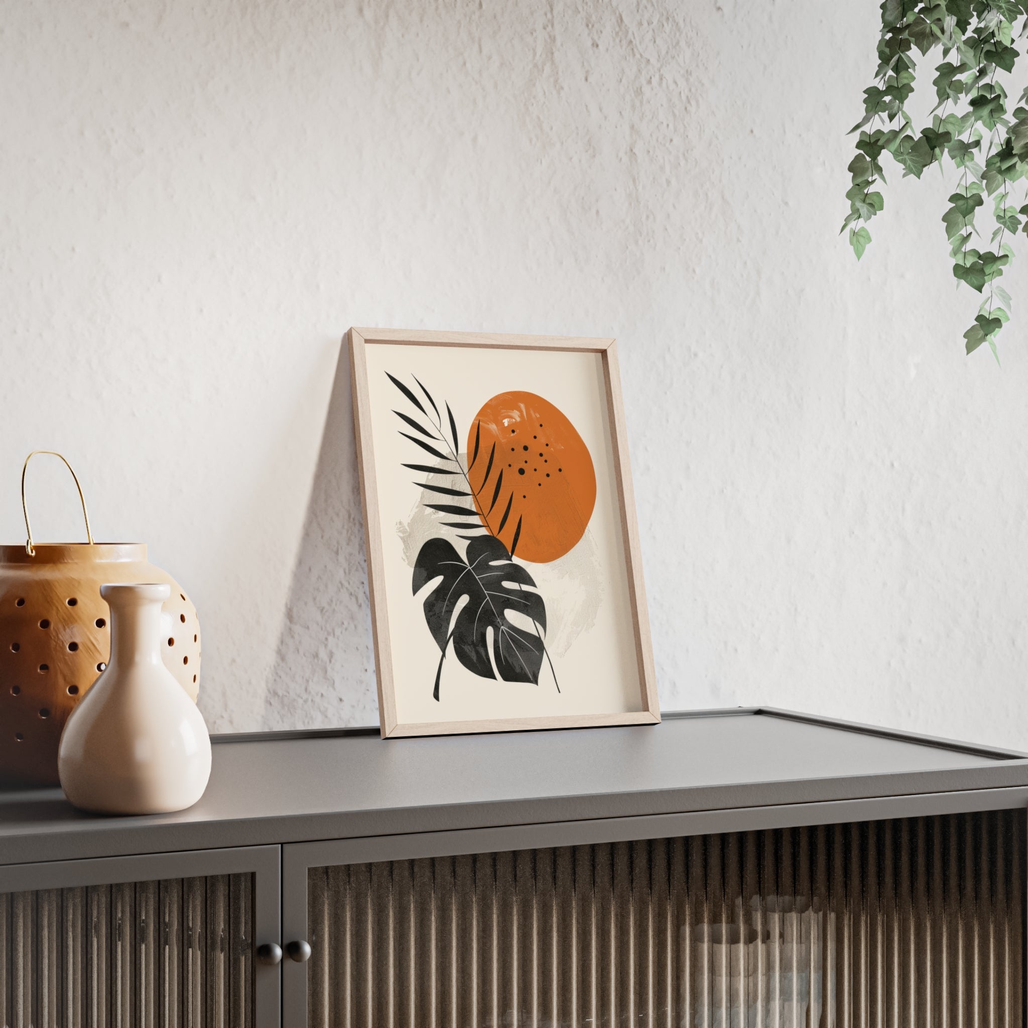 Modern Botanical Art Print with Wooden Frame, Tropical Wall Decor, Housewarming Gift, Minimalist Home Art, Nature-Inspired Design