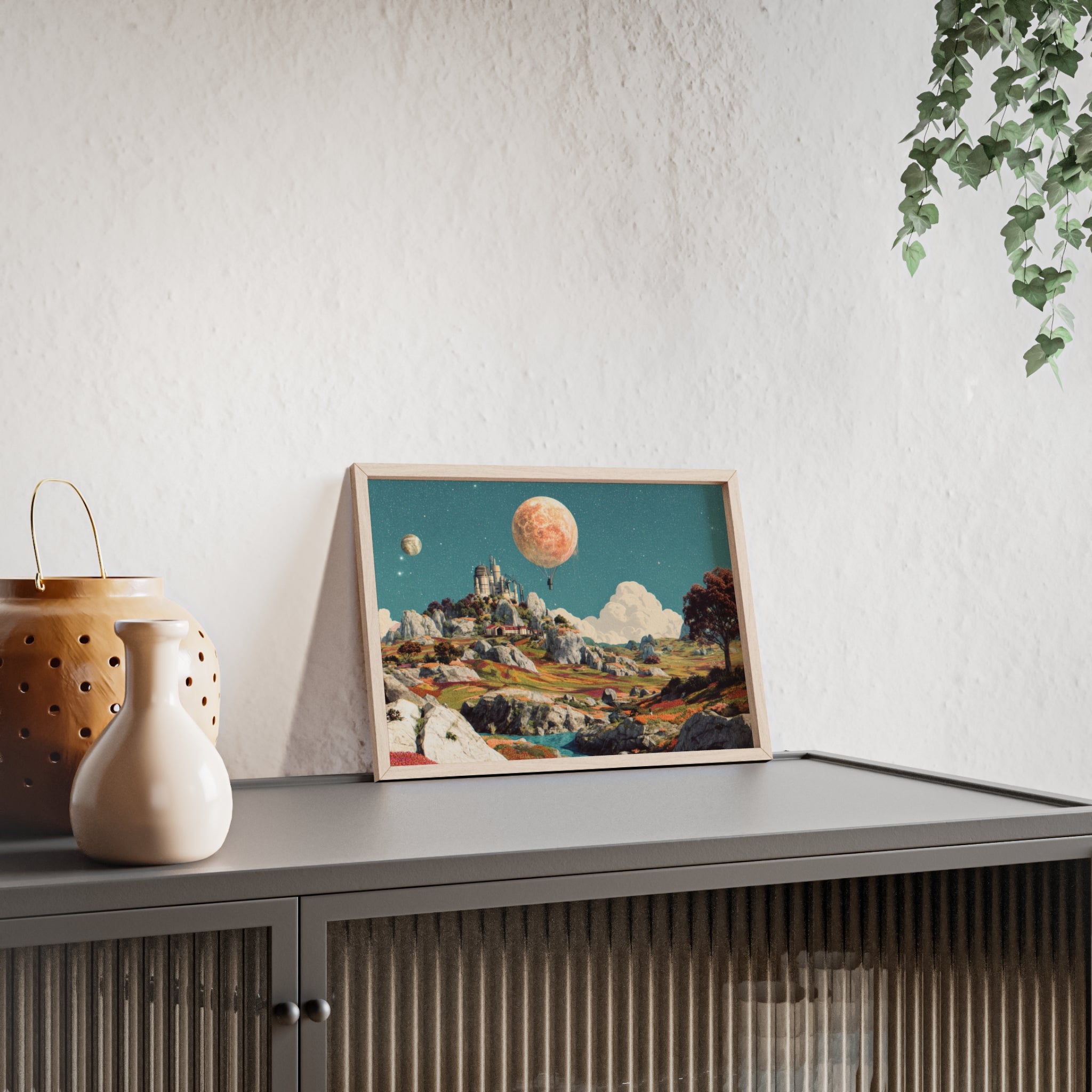 Futuristische Traumlandschaft  | Surreale Sci-Fi Wanddeko mit Mond-Ballon, Traumwelt & Naturfarben, Wandposter