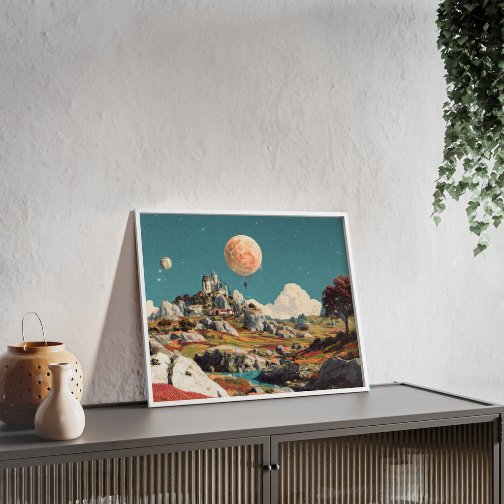Futuristische Traumlandschaft  | Surreale Sci-Fi Wanddeko mit Mond-Ballon, Traumwelt & Naturfarben, Wandposter