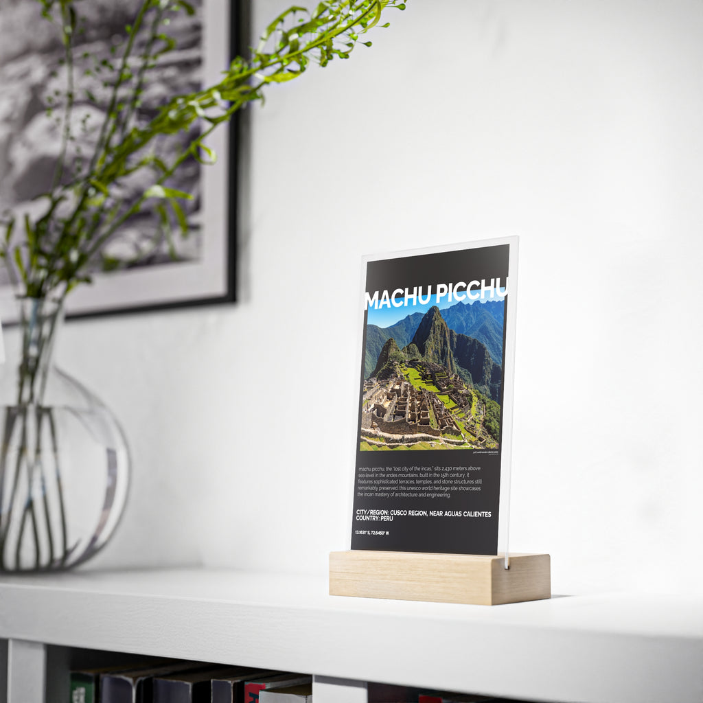 Machu Picchu Acrylschild mit Holzständer | Sammlerstück & Geschenk - World Wonder Collector Series