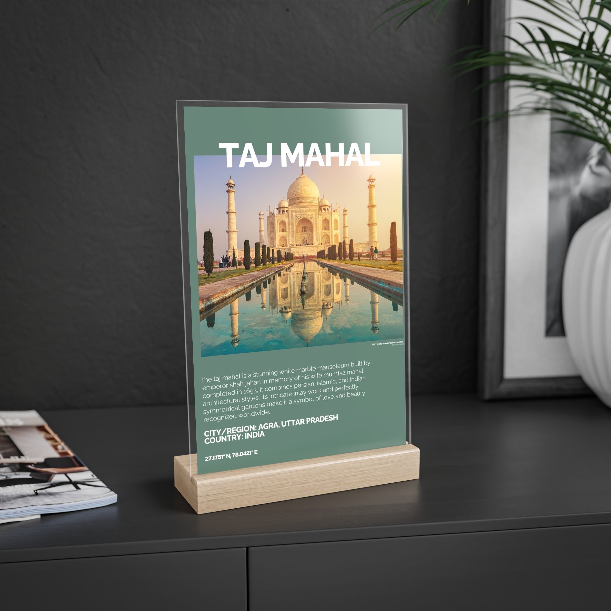 Taj Mahal Acrylschild mit Holzständer | Sammlerstück & Geschenk - World Wonder Collector Series