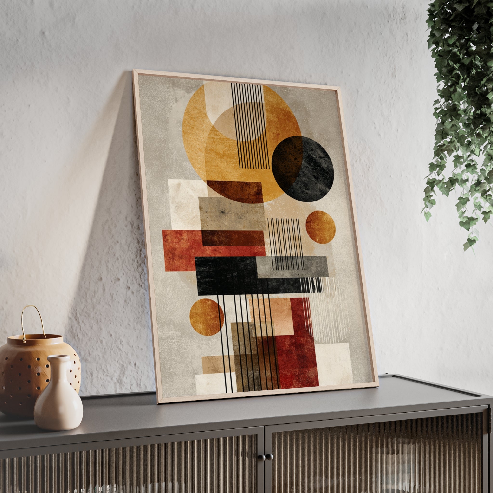 Boho Poster im Holzrahmen | Moderne Boho Wandkunst, Geometrische Wohnraumdeko, Geschenk für Kunstliebhaber, Abstraktes Design