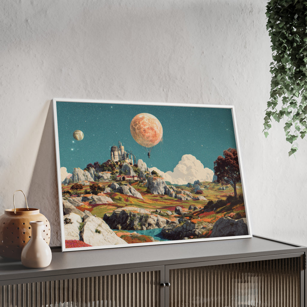 Futuristische Traumlandschaft  | Surreale Sci-Fi Wanddeko mit Mond-Ballon, Traumwelt & Naturfarben, Wandposter