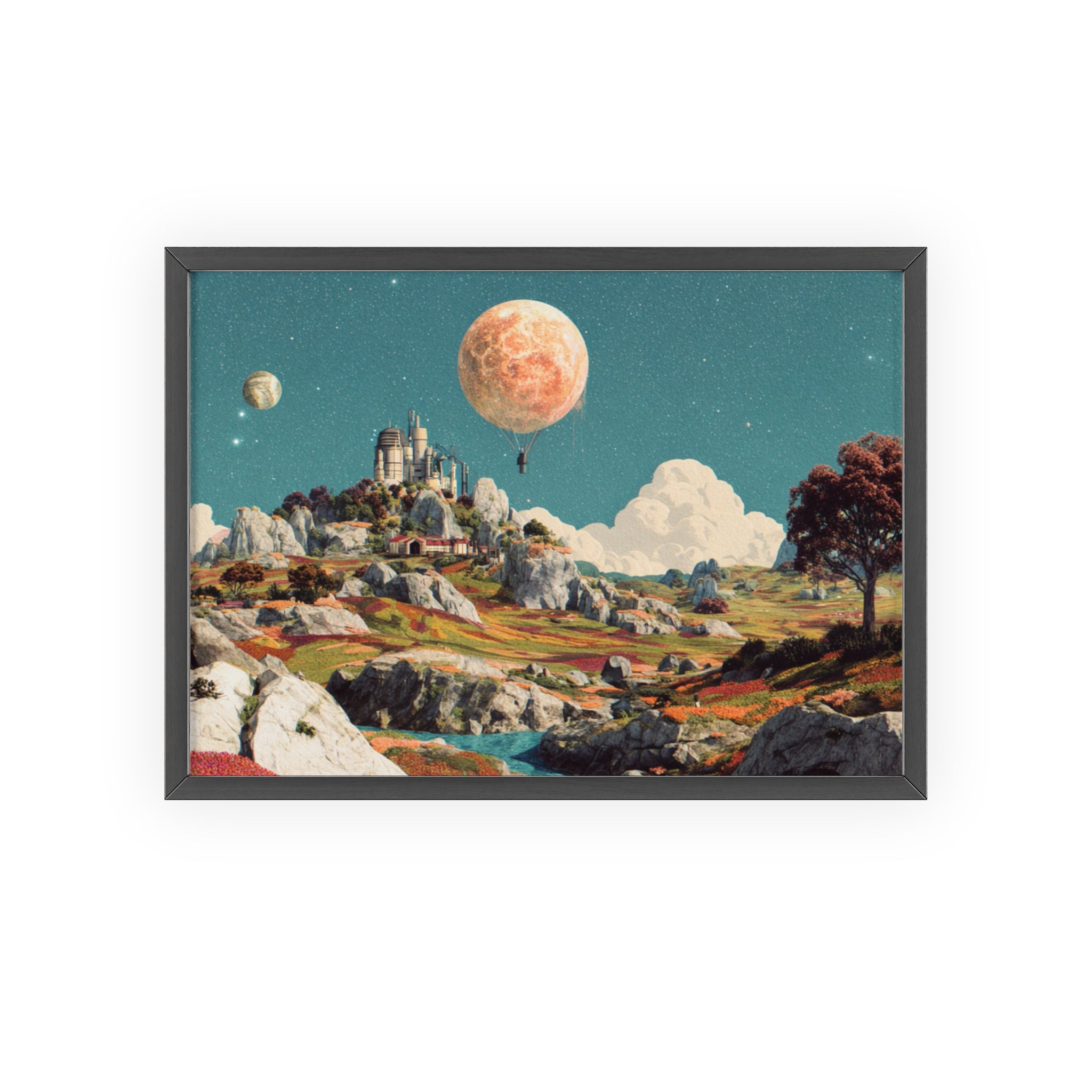 Futuristische Traumlandschaft  | Surreale Sci-Fi Wanddeko mit Mond-Ballon, Traumwelt & Naturfarben, Wandposter