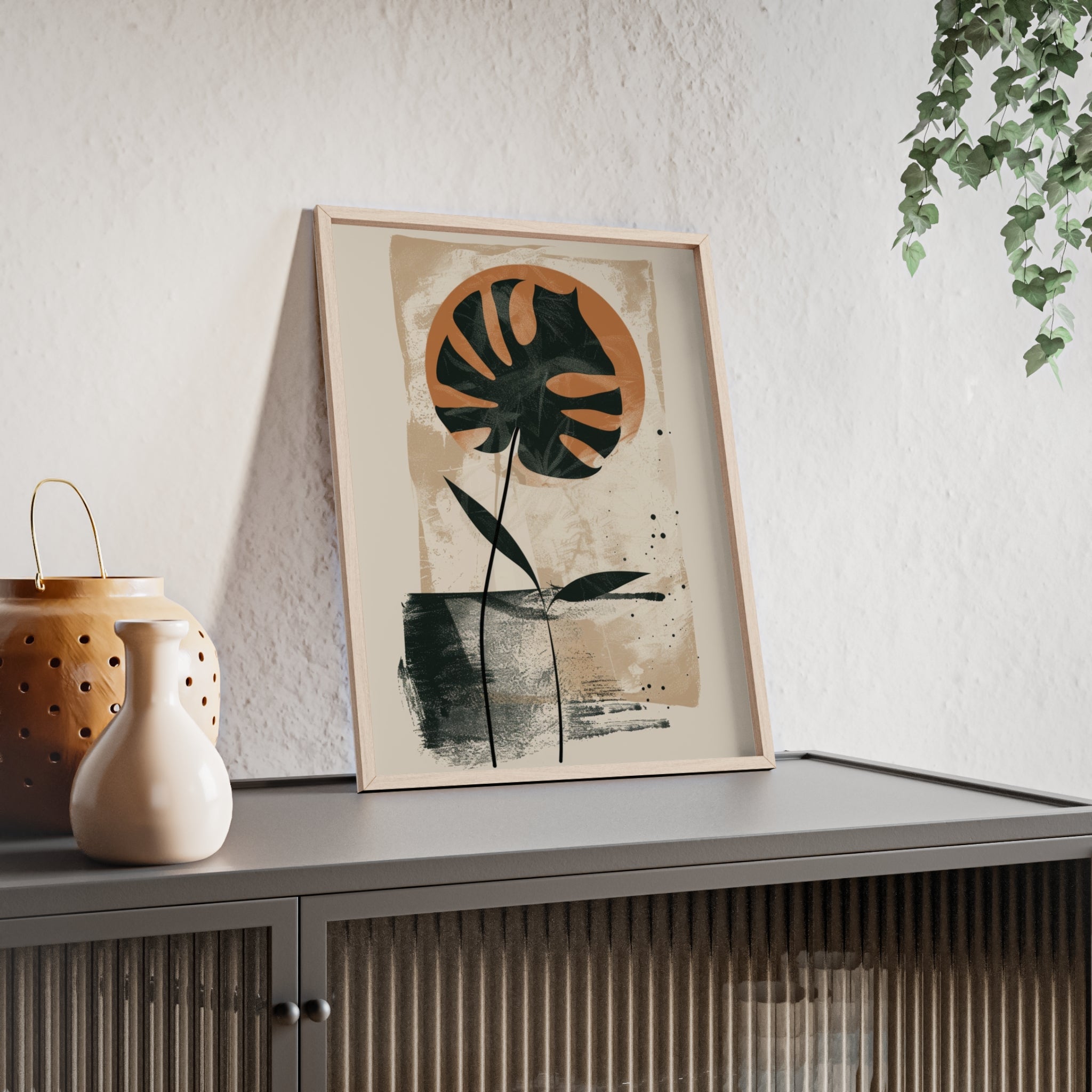 Modern Botanical Art Poster with Wooden Frame, Wall Decor, Minimalist Home Accent, Gift for Plant Lovers, Living Room Decor