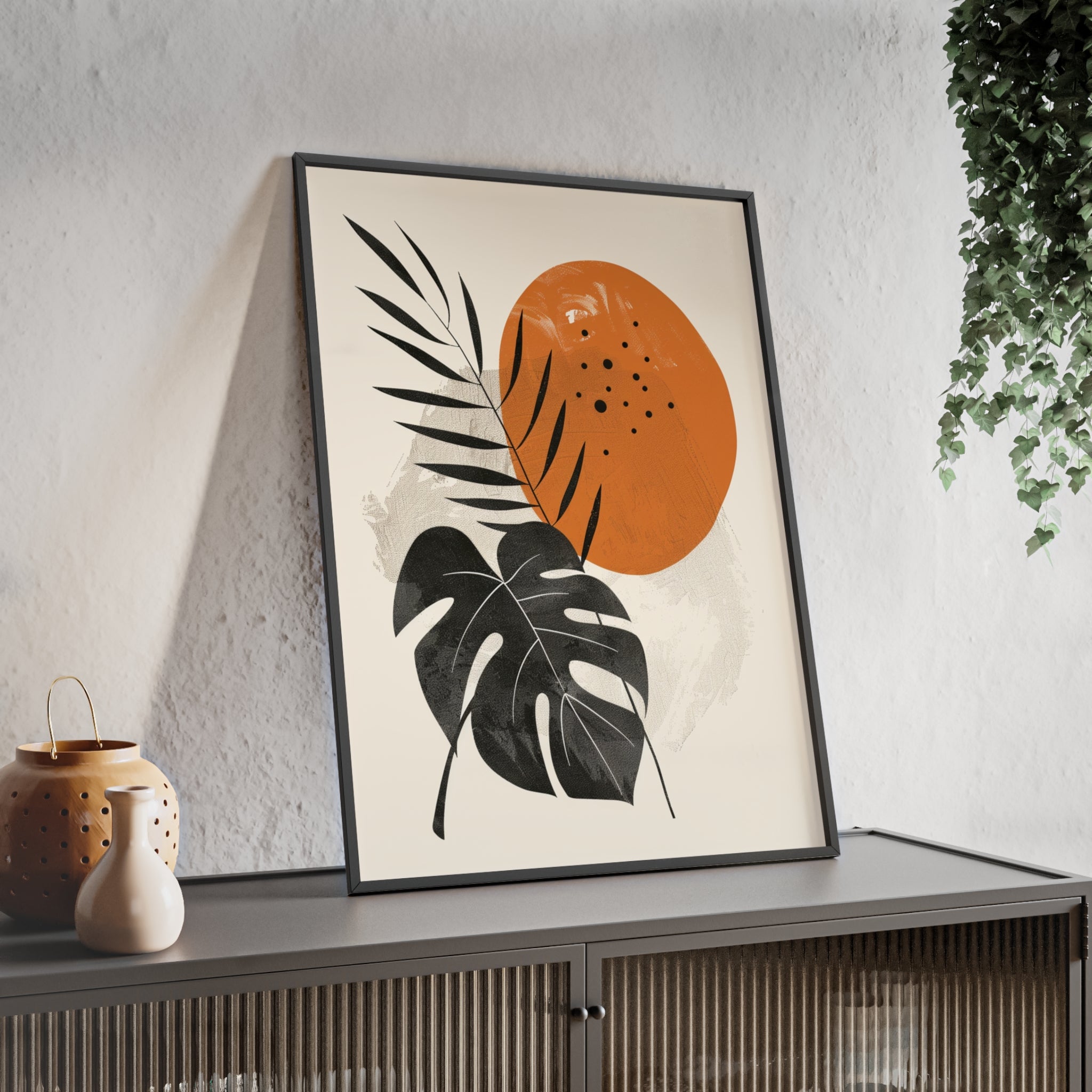 Modern Botanical Art Print with Wooden Frame, Tropical Wall Decor, Housewarming Gift, Minimalist Home Art, Nature-Inspired Design