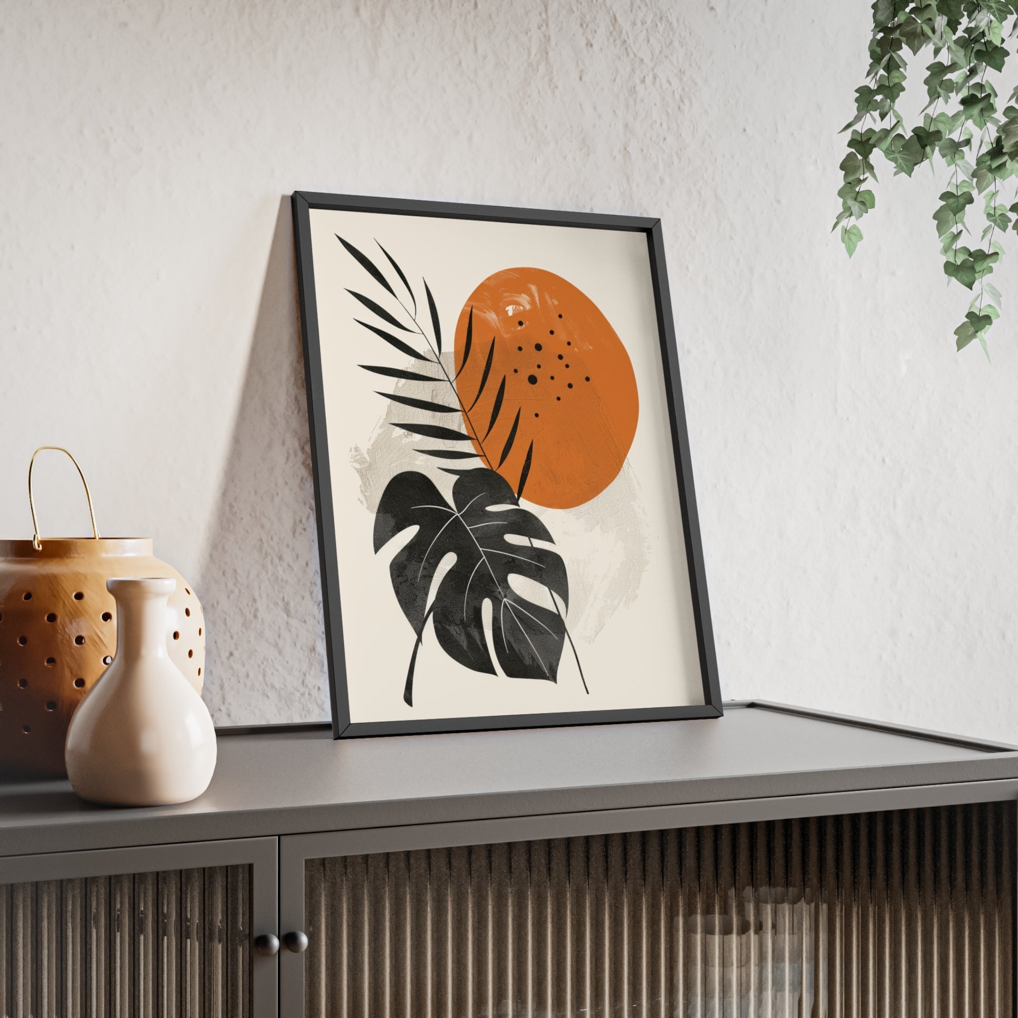 Modern Botanical Art Print with Wooden Frame, Tropical Wall Decor, Housewarming Gift, Minimalist Home Art, Nature-Inspired Design