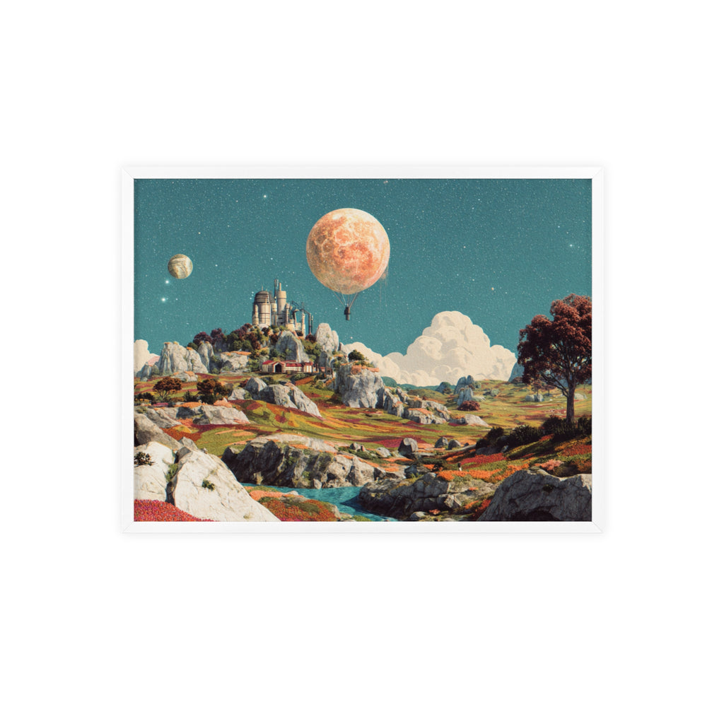 Futuristische Traumlandschaft  | Surreale Sci-Fi Wanddeko mit Mond-Ballon, Traumwelt & Naturfarben, Wandposter
