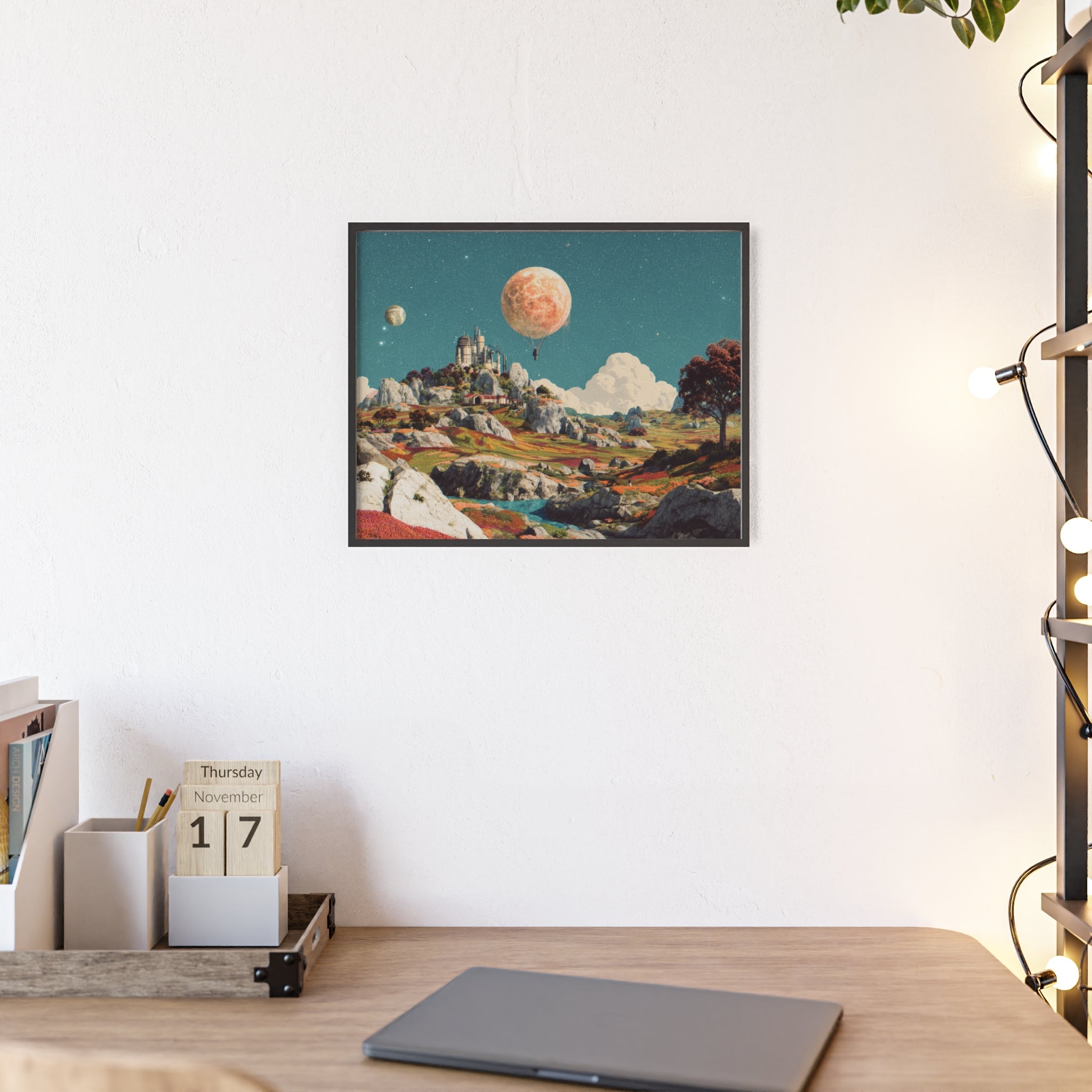 Futuristische Traumlandschaft  | Surreale Sci-Fi Wanddeko mit Mond-Ballon, Traumwelt & Naturfarben, Wandposter