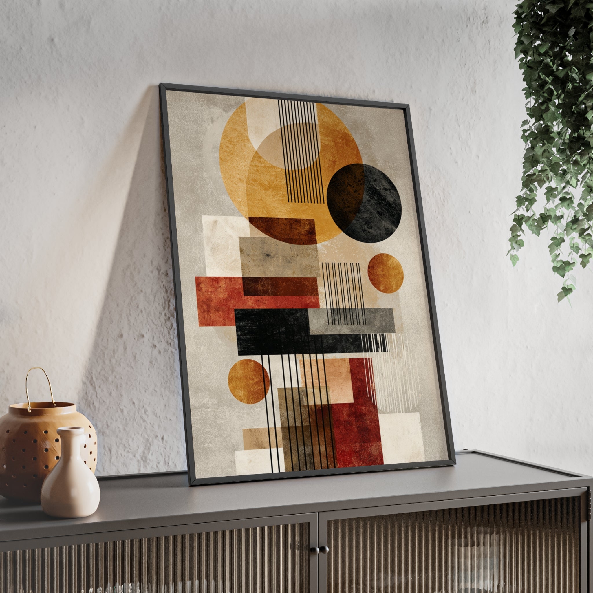 Boho Poster im Holzrahmen | Moderne Boho Wandkunst, Geometrische Wohnraumdeko, Geschenk für Kunstliebhaber, Abstraktes Design