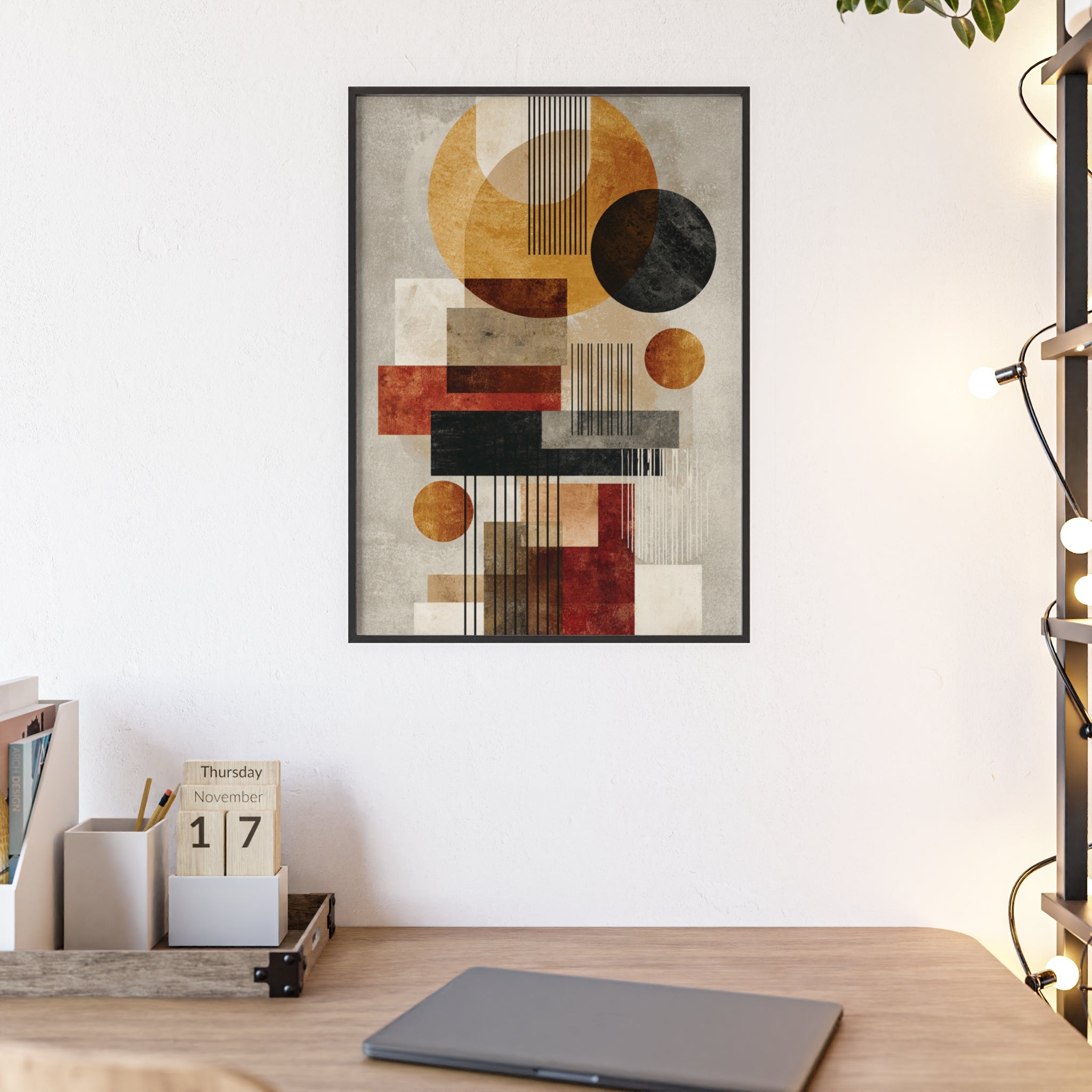 Boho Poster im Holzrahmen | Moderne Boho Wandkunst, Geometrische Wohnraumdeko, Geschenk für Kunstliebhaber, Abstraktes Design